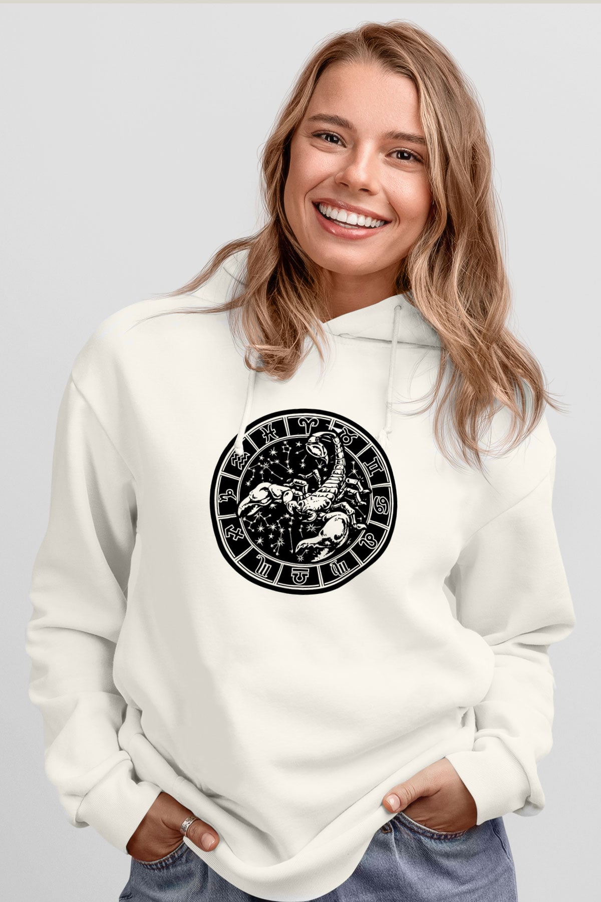 Akrep Burcu Baskılı Beyaz Unisex Hoodie