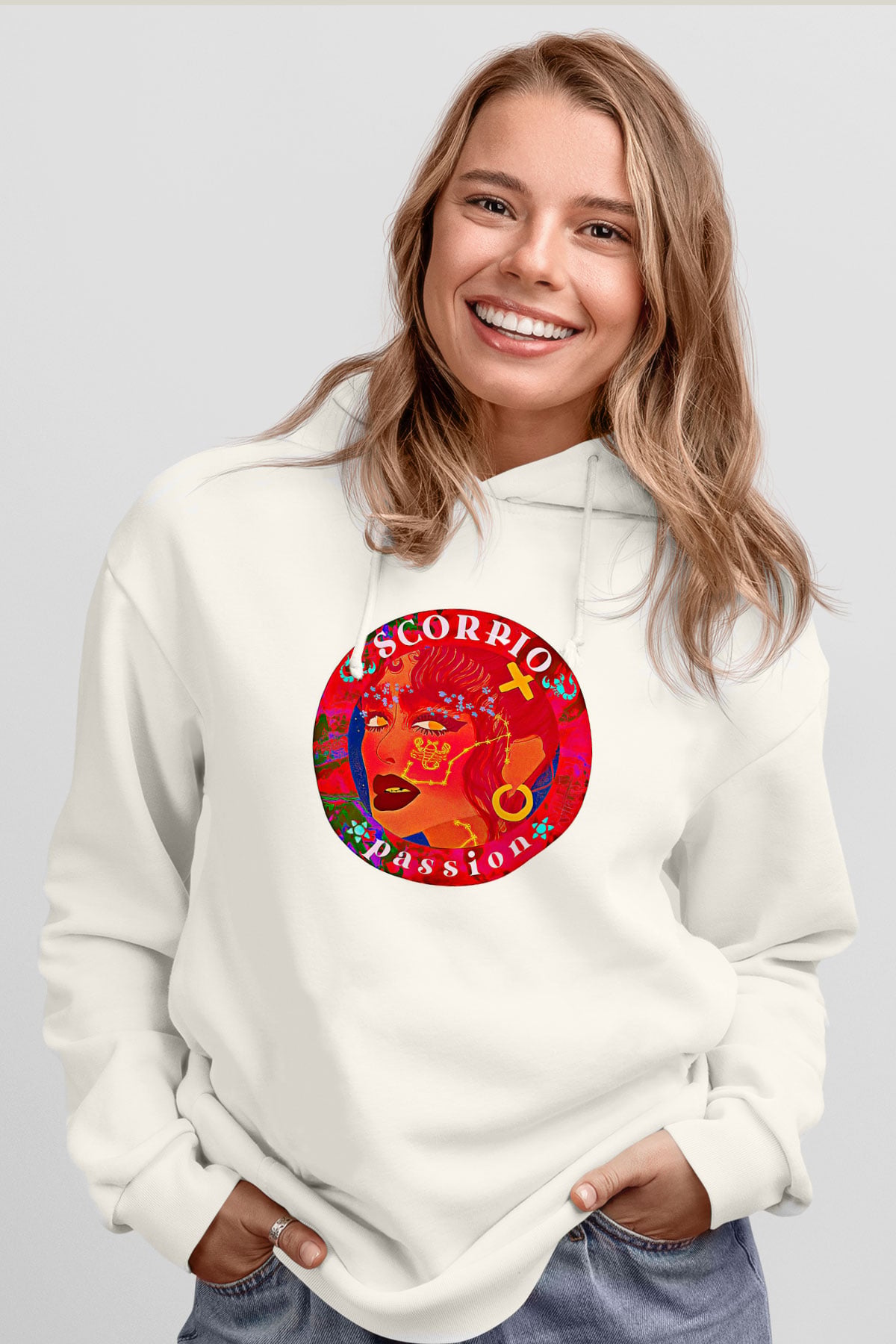 Akrep Burcu Baskılı Beyaz Unisex Hoodie