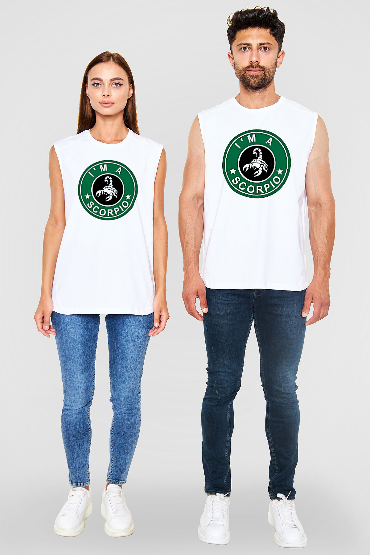 Akrep Burcu Baskılı Beyaz Unisex Kolsuz Tişört - Tshirt