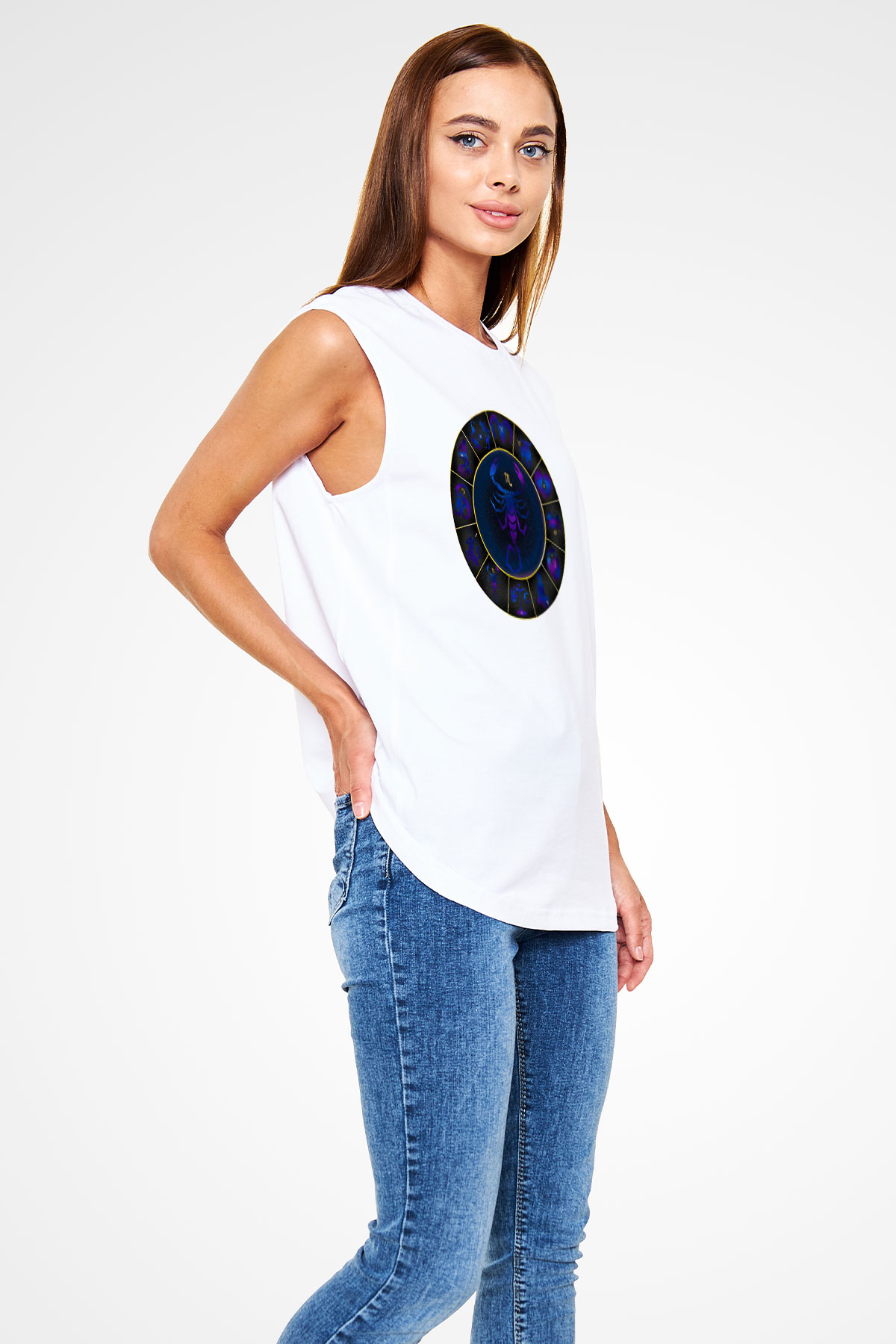 Akrep Burcu Baskılı Beyaz Unisex Kolsuz Tişört - Tshirt