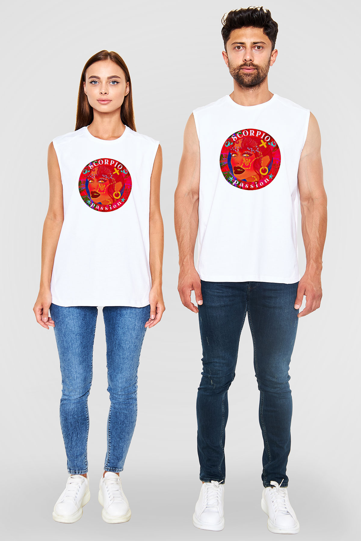 Akrep Burcu Baskılı Beyaz Unisex Kolsuz Tişört - Tshirt