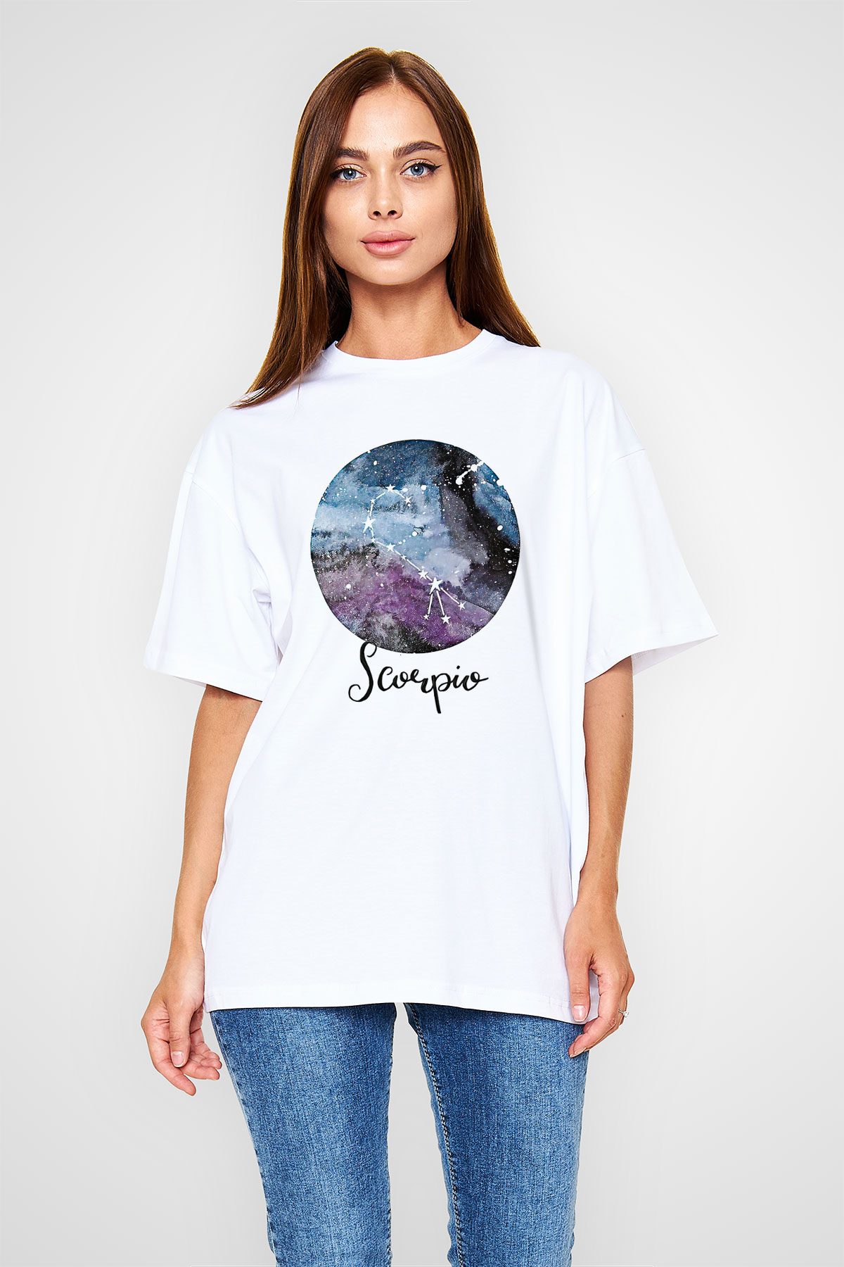 Akrep Burcu Baskılı Beyaz Unisex Oversize Tişört - Tshirt