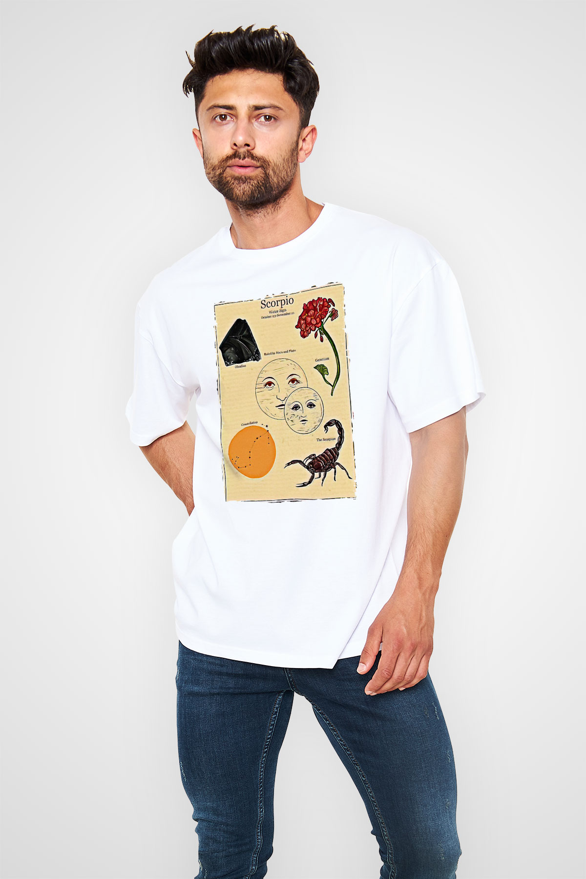 Akrep Burcu Baskılı Beyaz Unisex Oversize Tişört - Tshirt