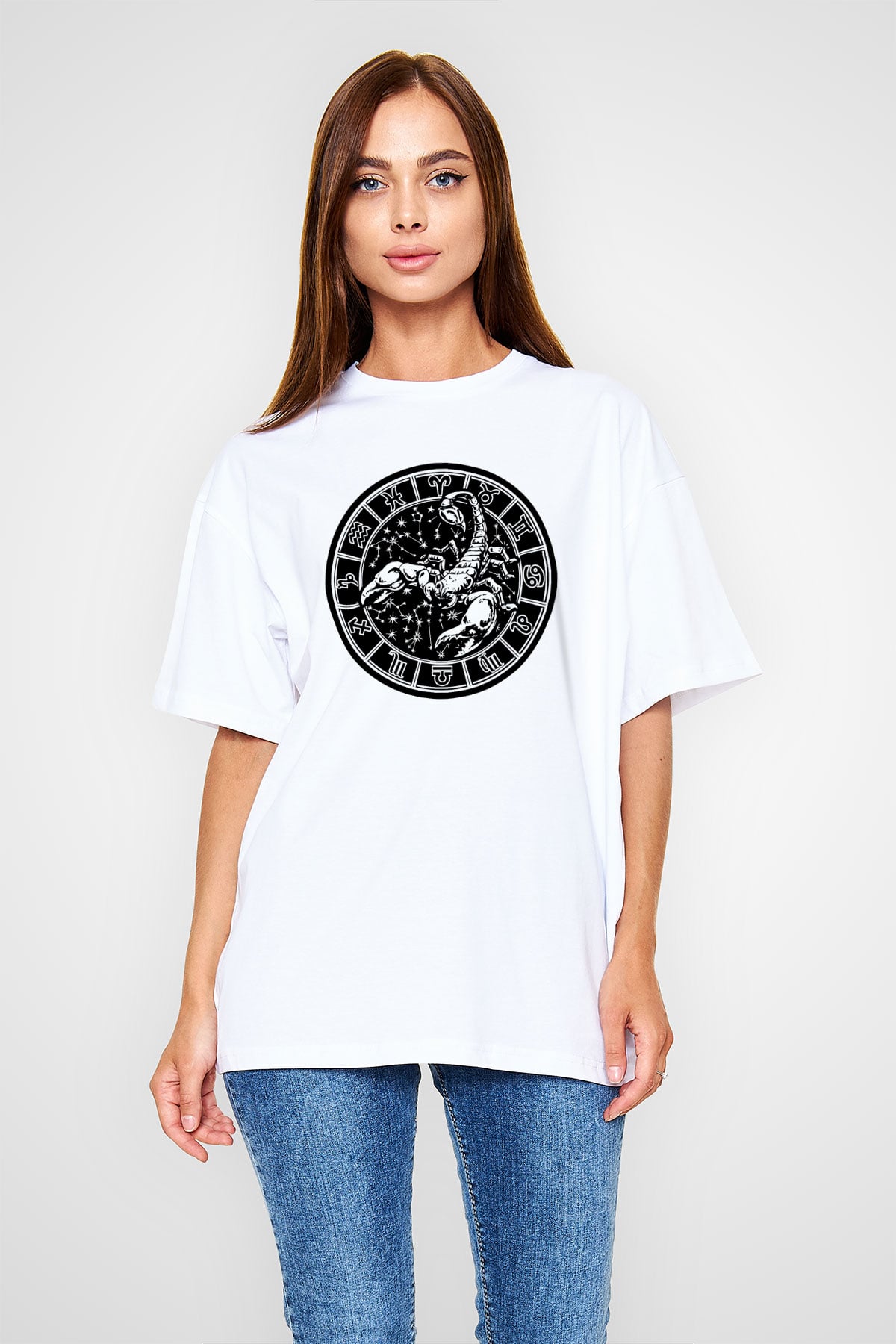 Akrep Burcu Baskılı Beyaz Unisex Oversize Tişört - Tshirt
