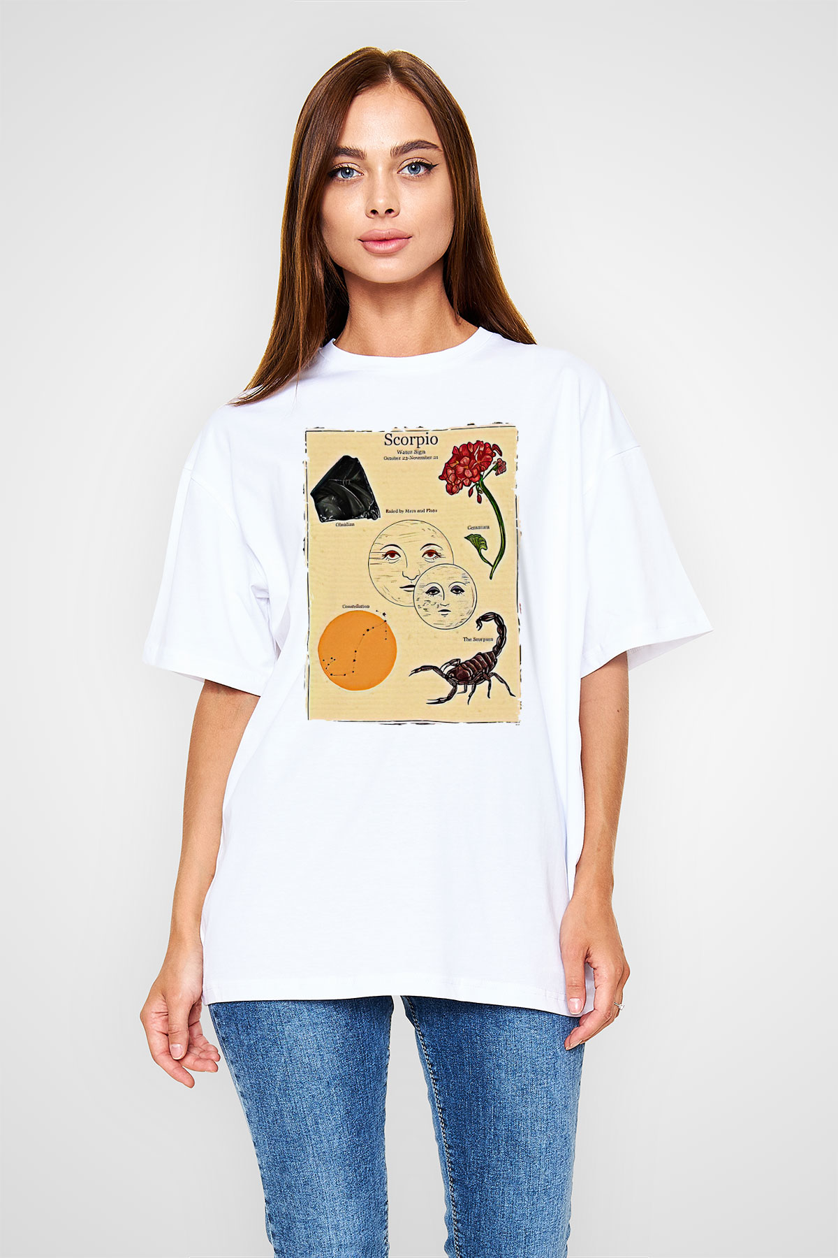 Akrep Burcu Baskılı Beyaz Unisex Oversize Tişört - Tshirt