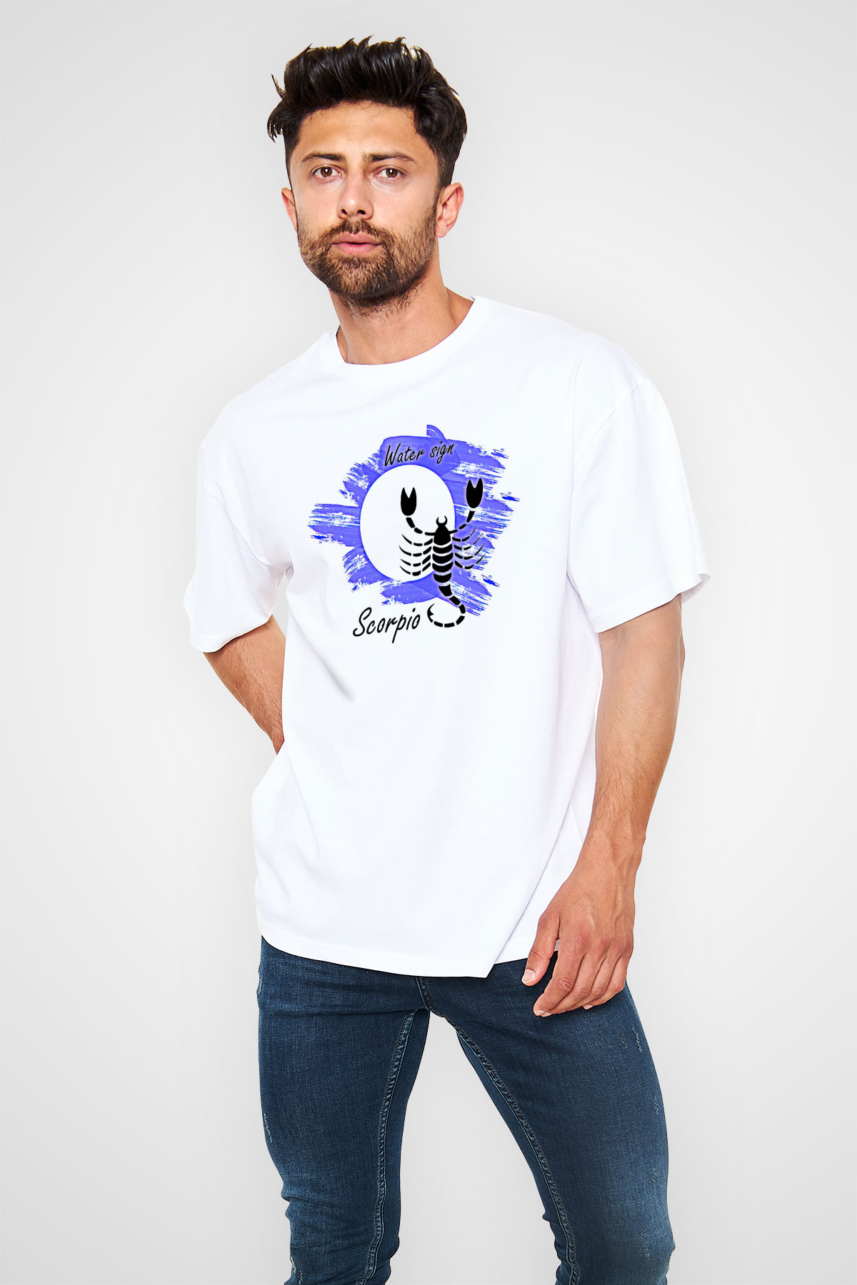 Akrep Burcu Baskılı Beyaz Unisex Oversize Tişört - Tshirt