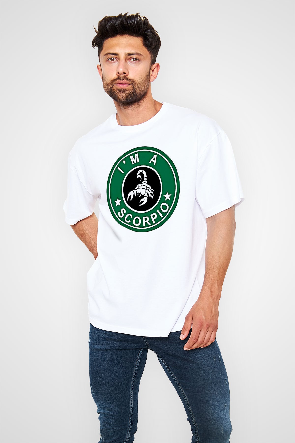 Akrep Burcu Baskılı Beyaz Unisex Oversize Tişört - Tshirt