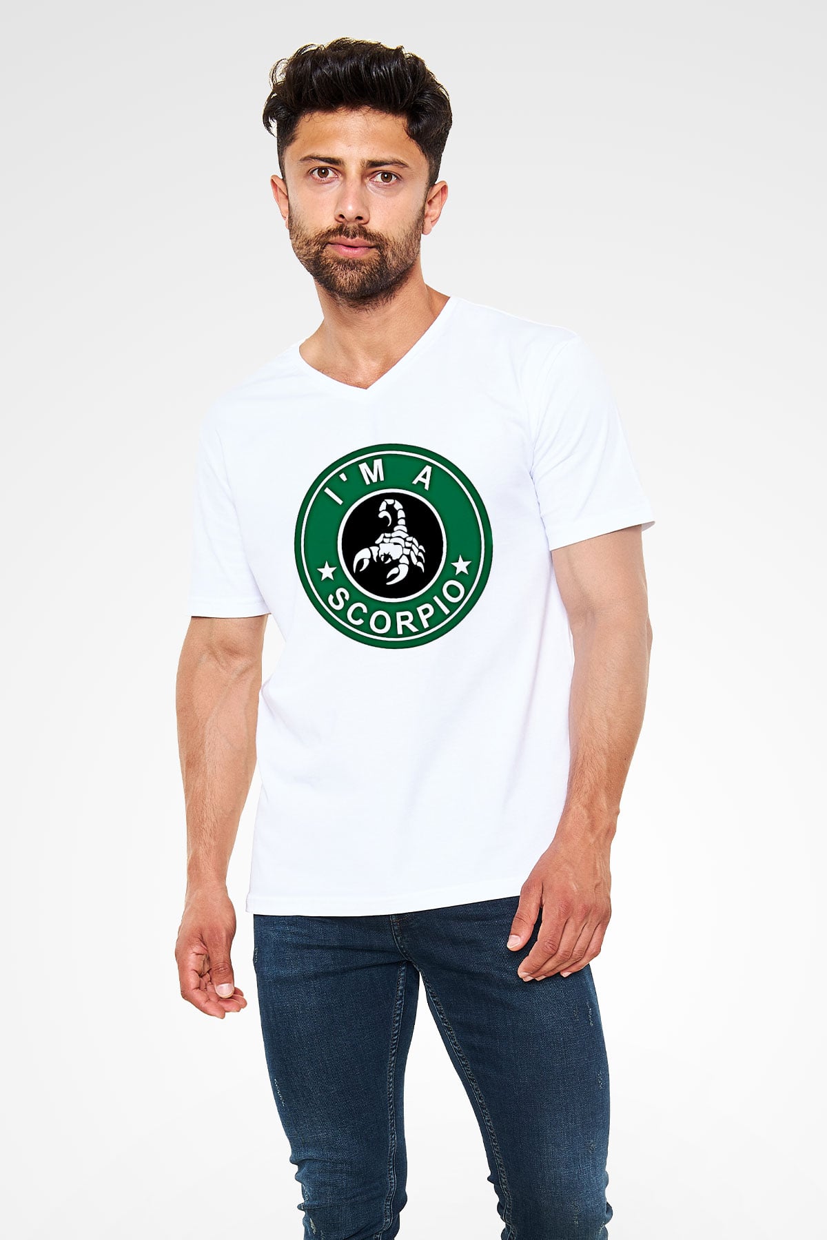 Akrep Burcu Baskılı Beyaz Unisex V Yaka Tişört - Tshirt