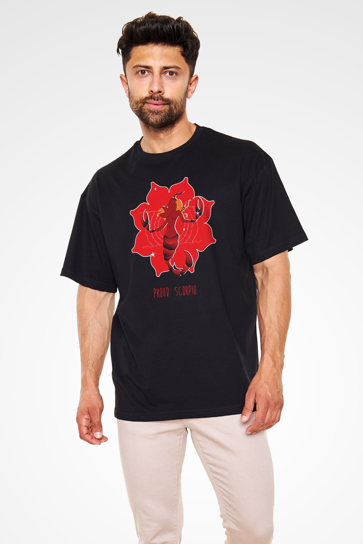 Akrep Burcu Baskılı Unisex Siyah Oversize Tişört - Tshirt