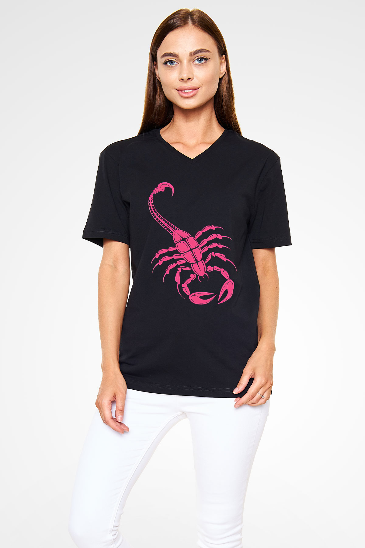 Akrep Burcu Baskılı Unisex Siyah V Yaka Tişört - Tshirt