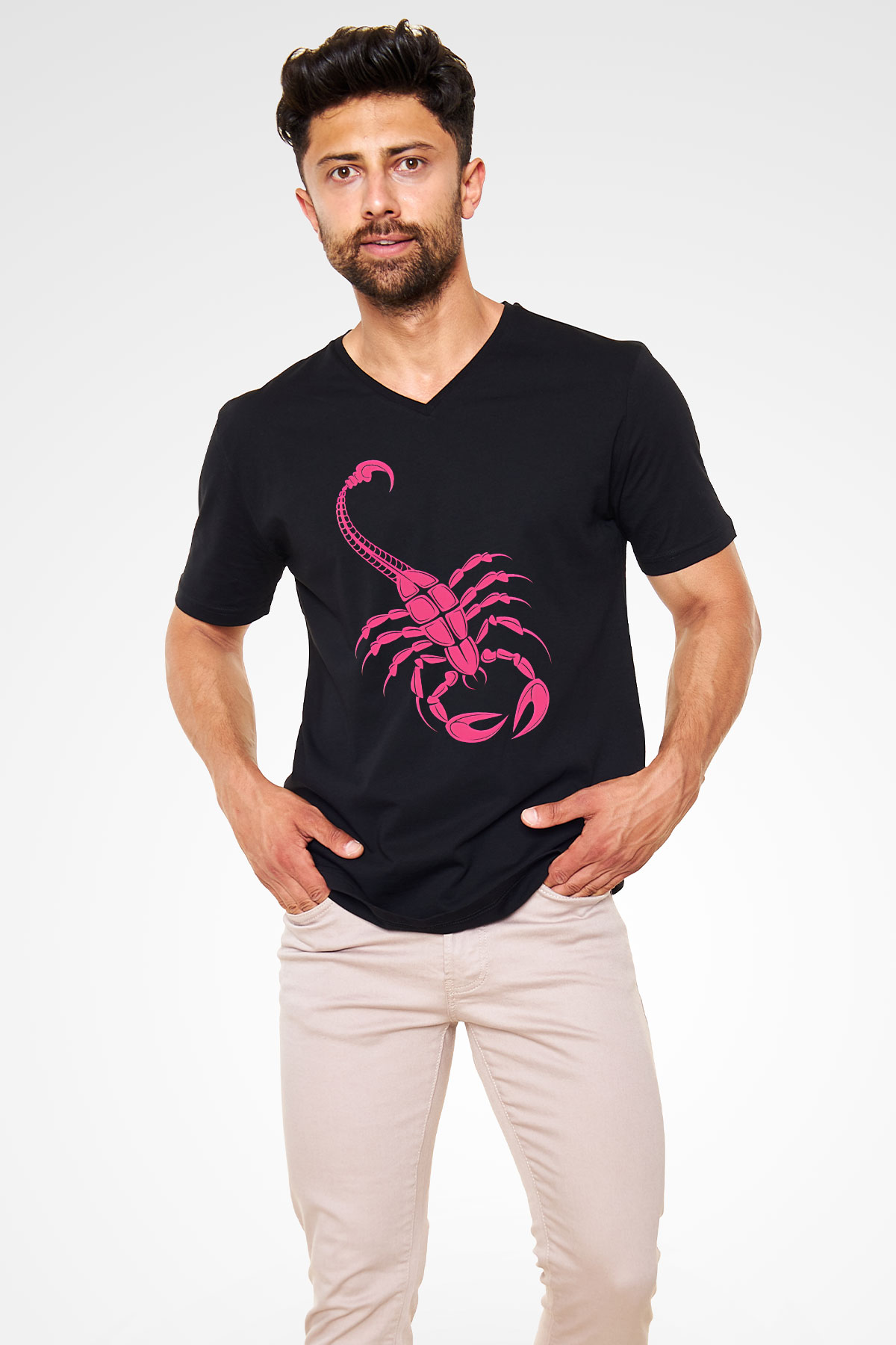 Akrep Burcu Baskılı Unisex Siyah V Yaka Tişört - Tshirt