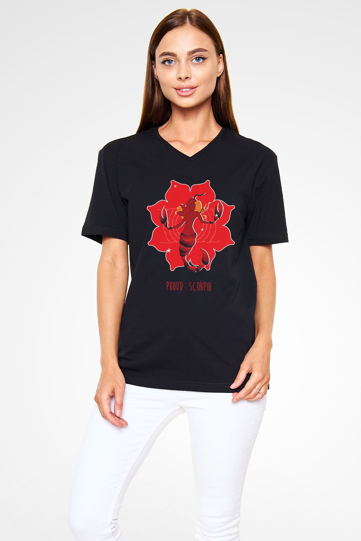 Akrep Burcu Baskılı Unisex Siyah V Yaka Tişört - Tshirt