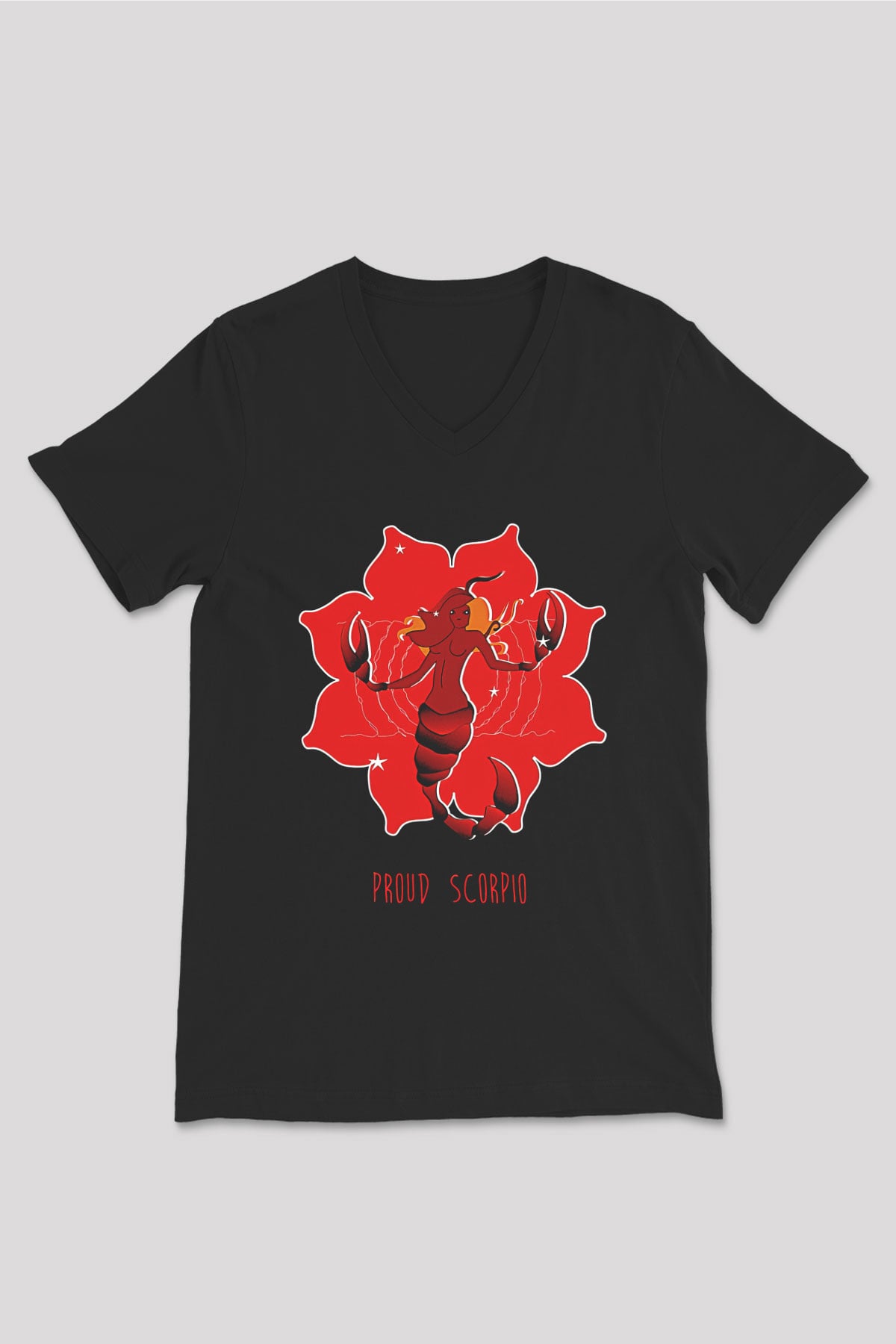 Akrep Burcu Baskılı Unisex Siyah V Yaka Tişört - Tshirt