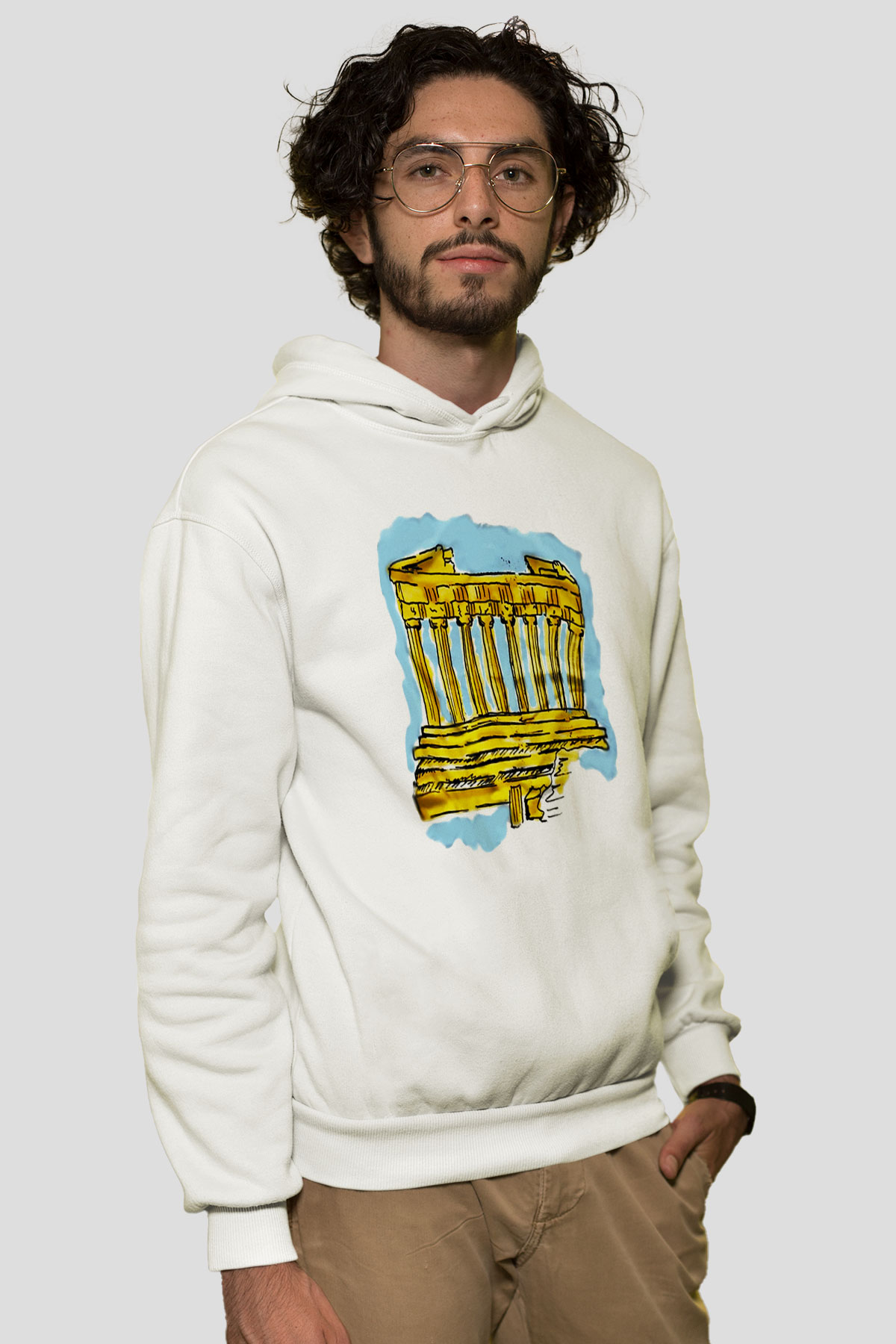 Akropolis Beyaz Unisex Kapşonlu Sweatshirt