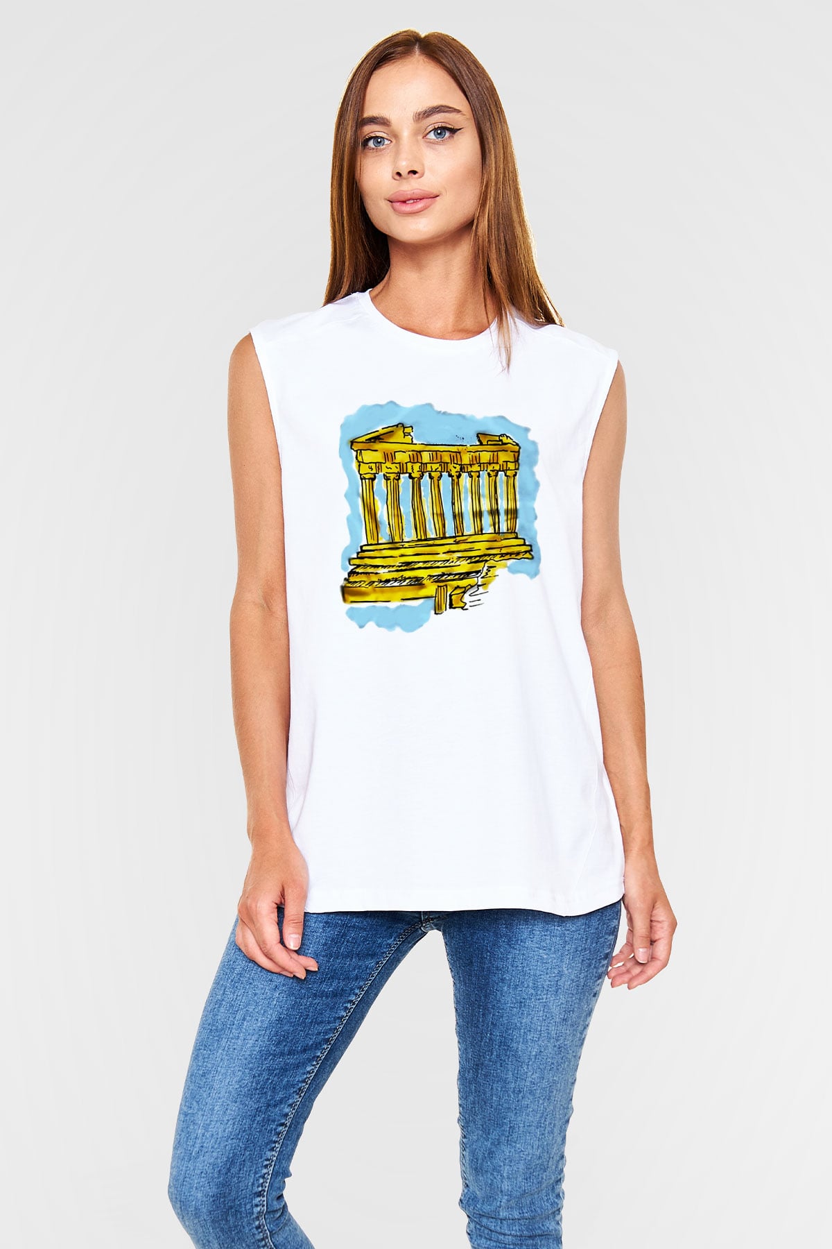 Akropolis Beyaz Unisex Kolsuz Tişört