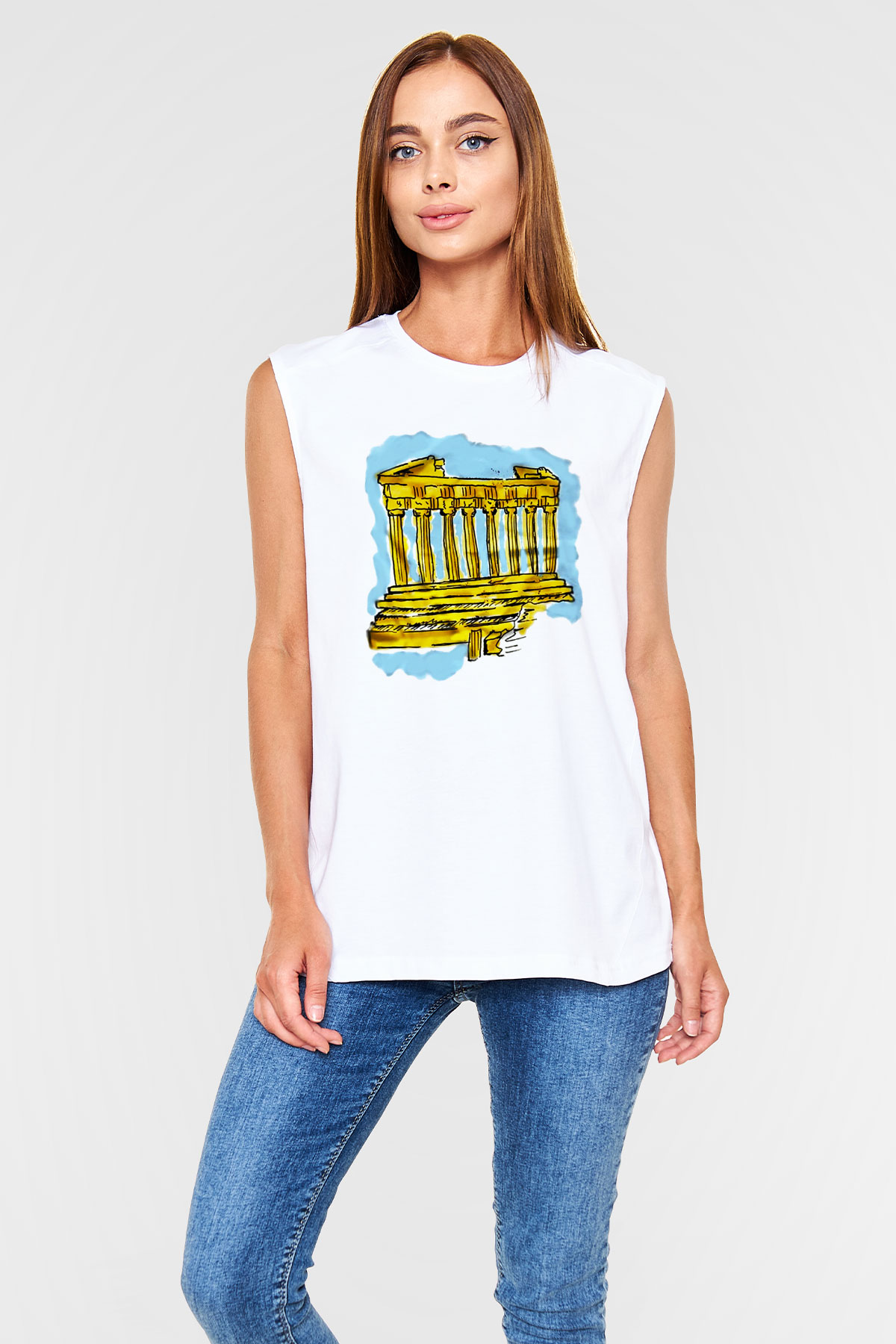 Akropolis Beyaz Unisex Kolsuz Tişört