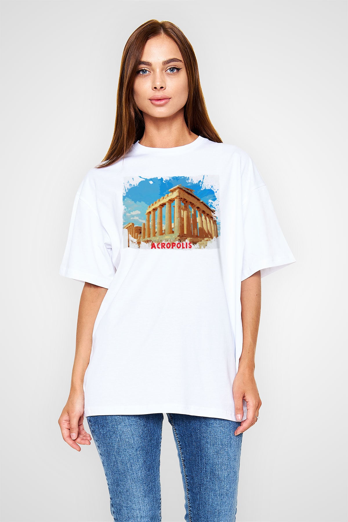 Akropolis Beyaz Unisex Tişört T-Shirt - TişörtFabrikası