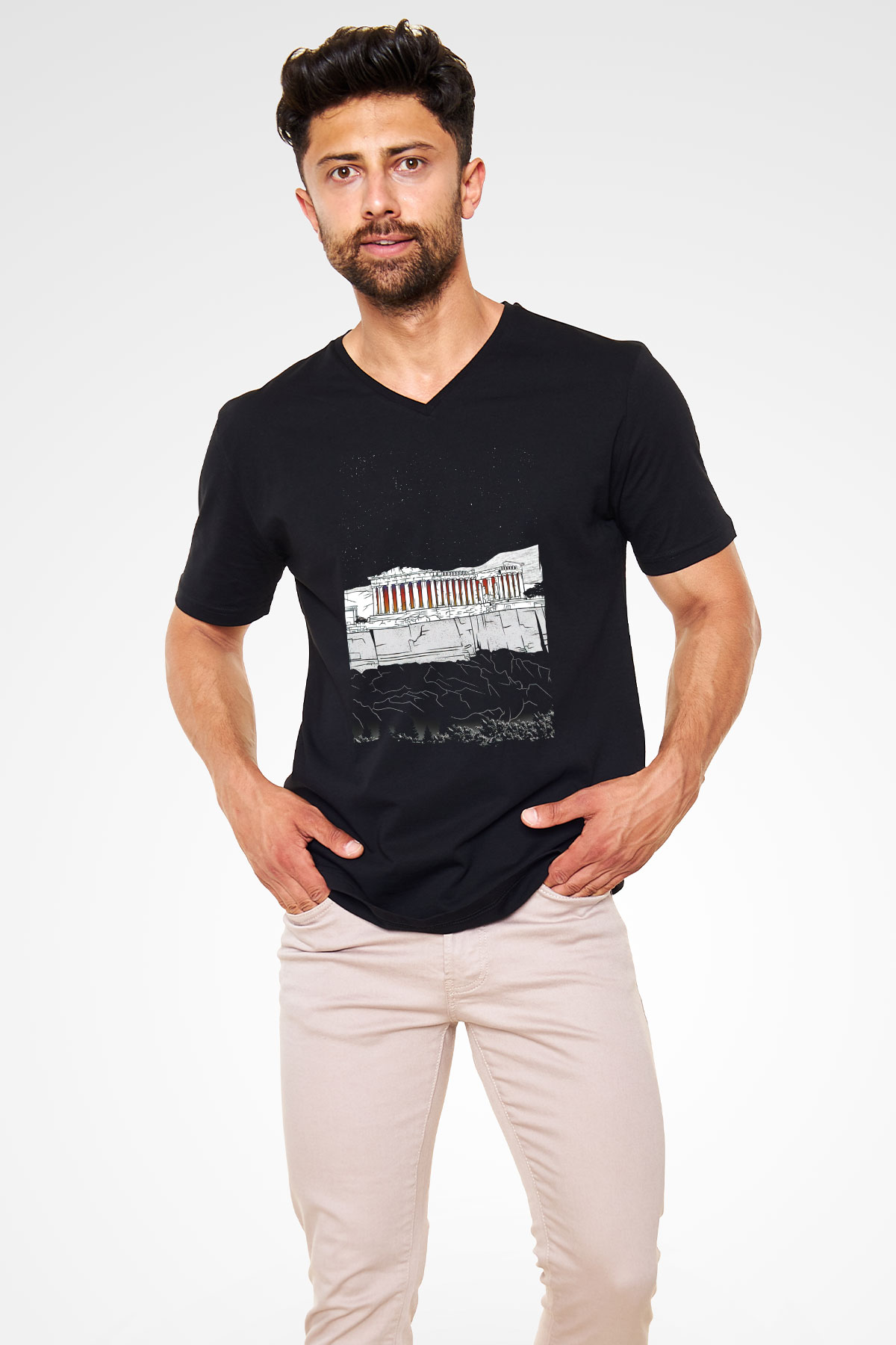 Akropolis Siyah Unisex V Yaka Tişört