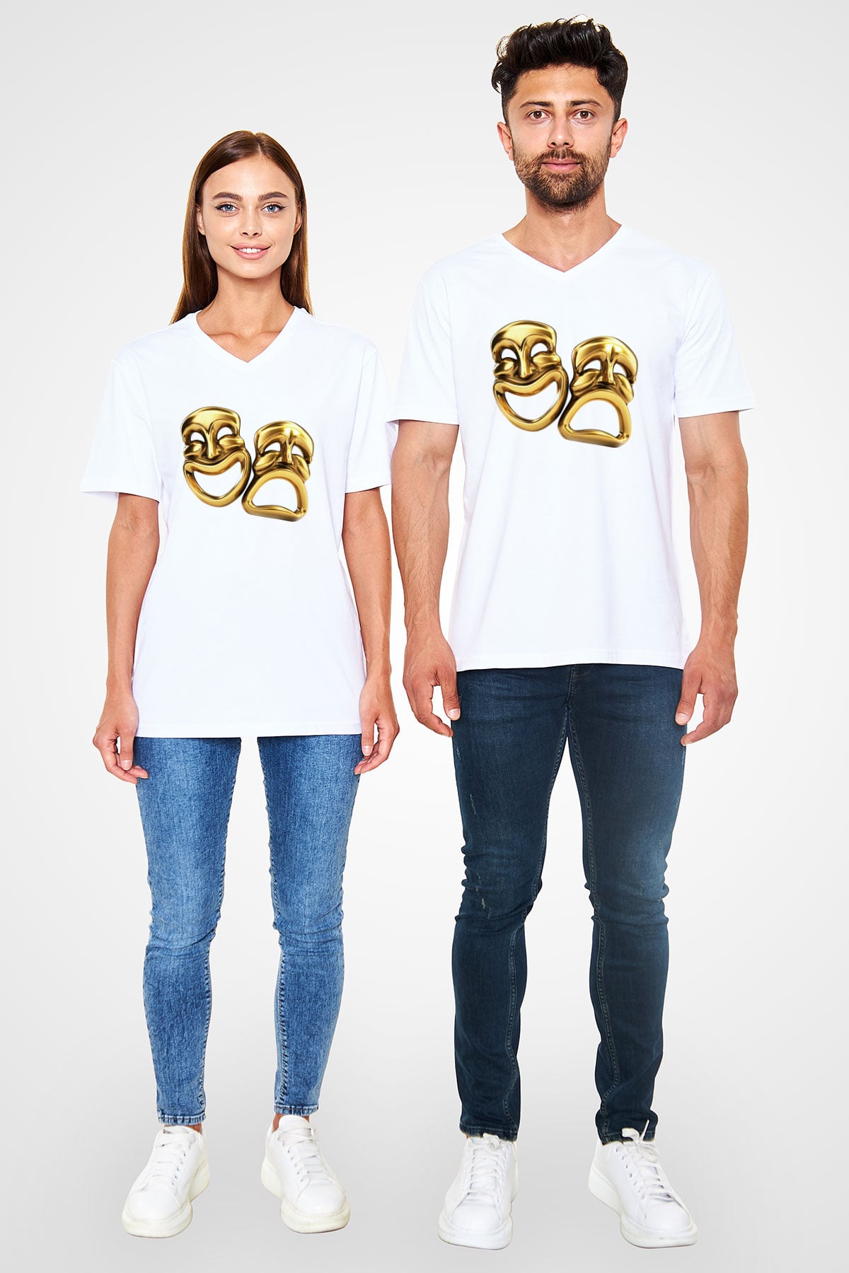 Aktör Beyaz Unisex V Yaka Tişört T-Shirt