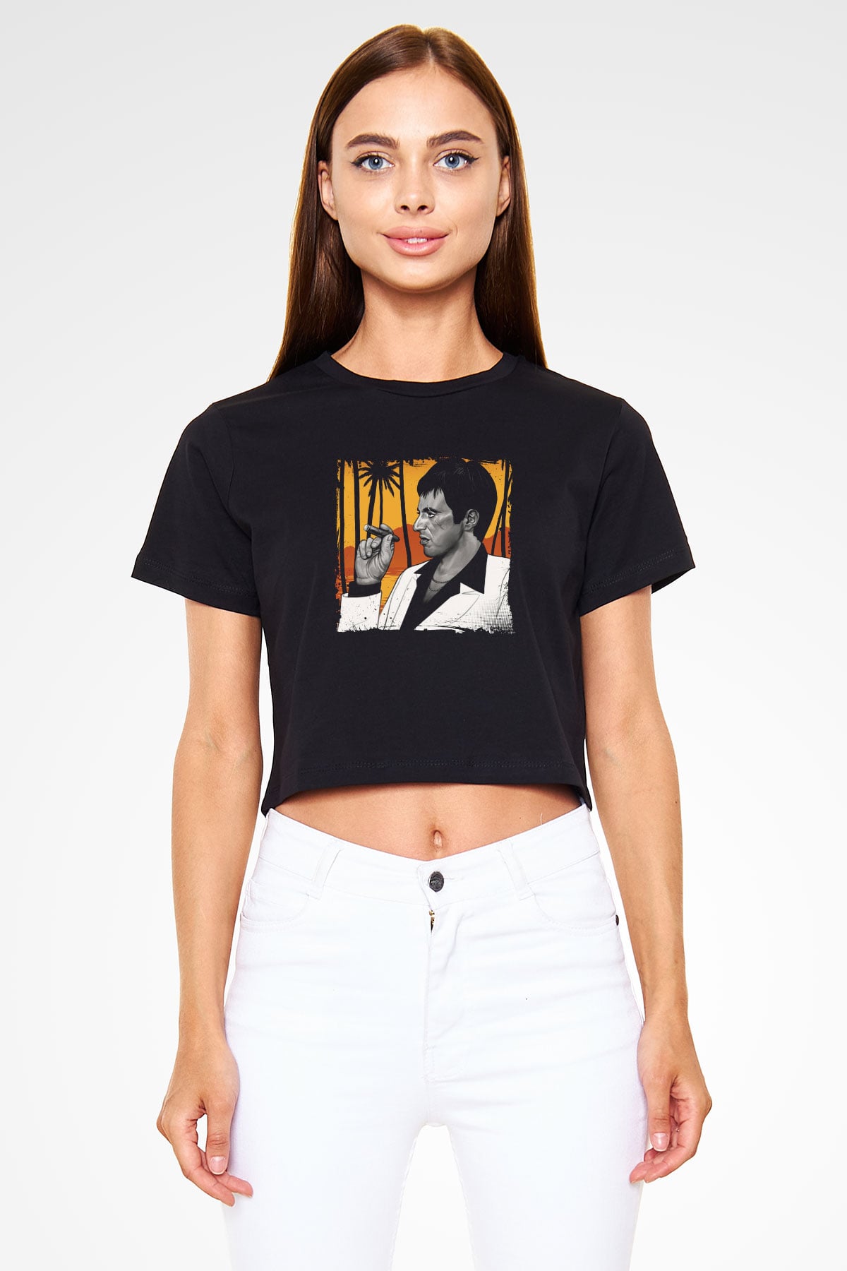 Al Pacino Baskılı Siyah Kadın Crop Top Tişört