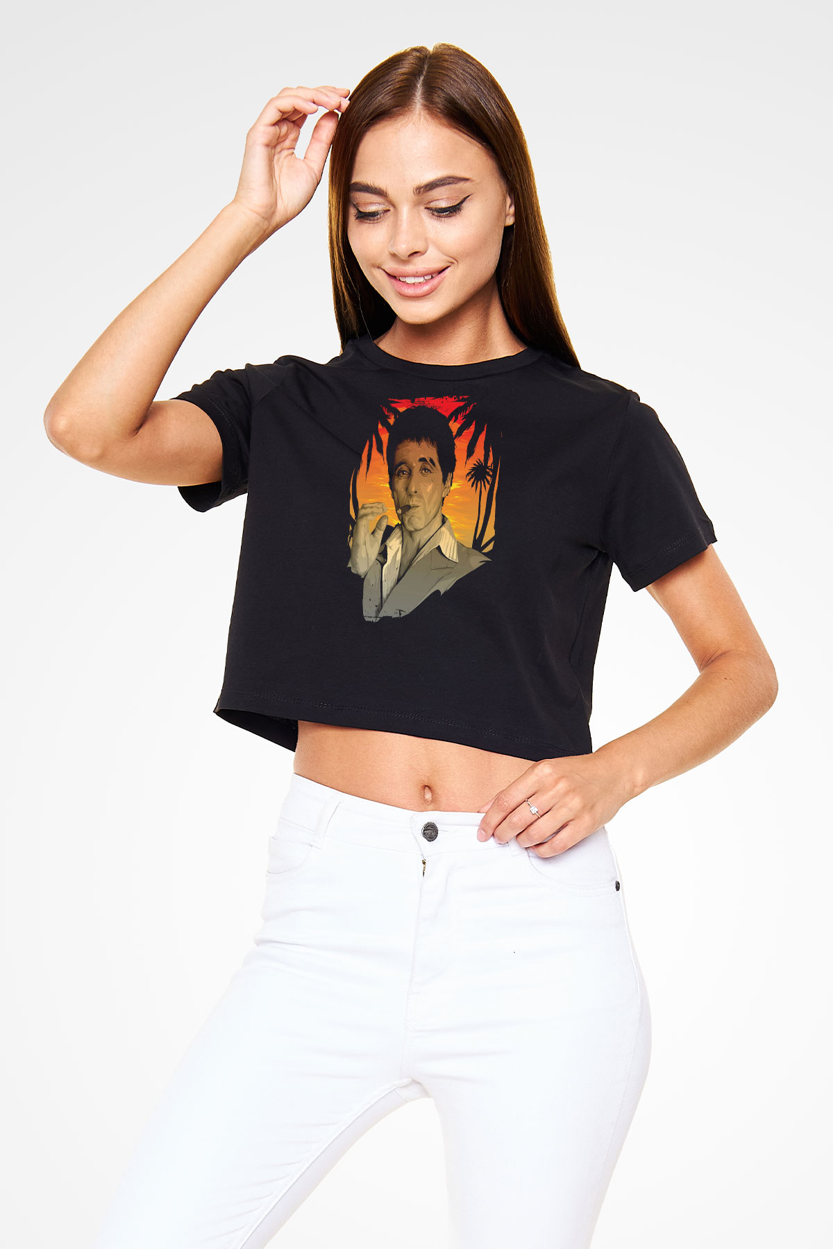 Al Pacino Baskılı Siyah Kadın Crop Top Tişört