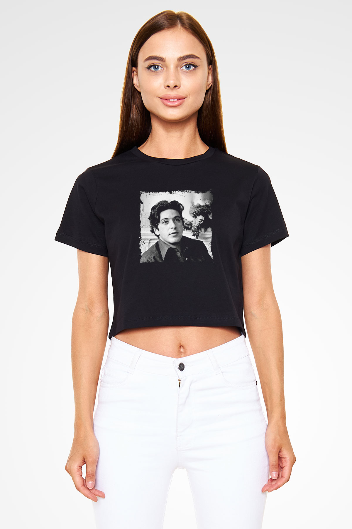 Al Pacino Baskılı Siyah Kadın Crop Top Tişört