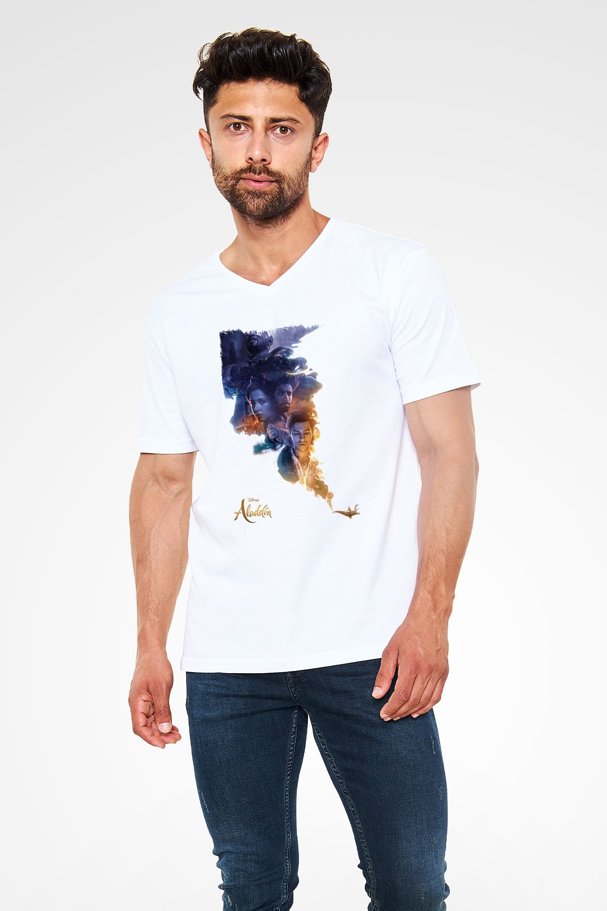 Aladdin Beyaz Unisex V Yaka Tişört