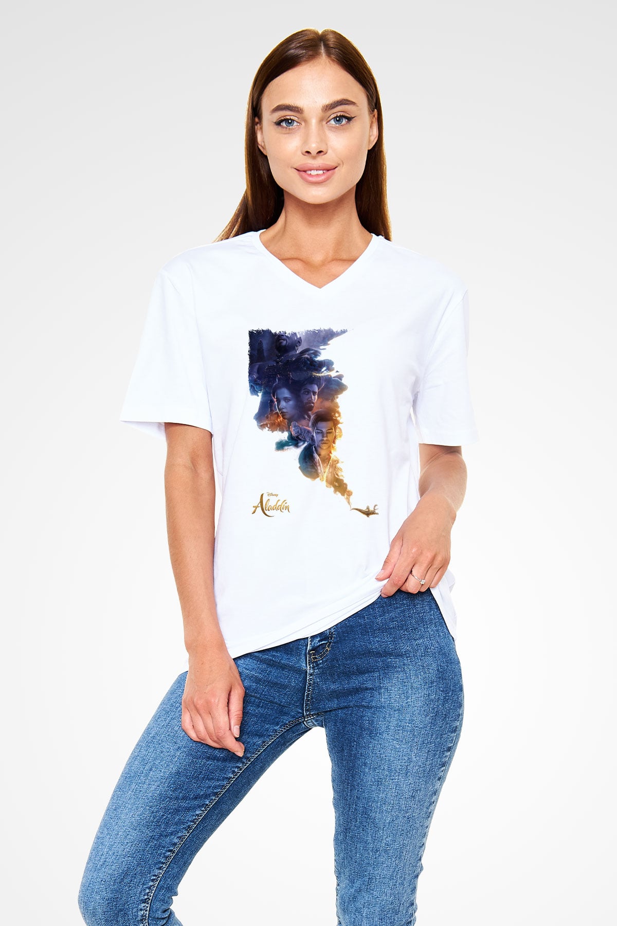 Aladdin Beyaz Unisex V Yaka Tişört