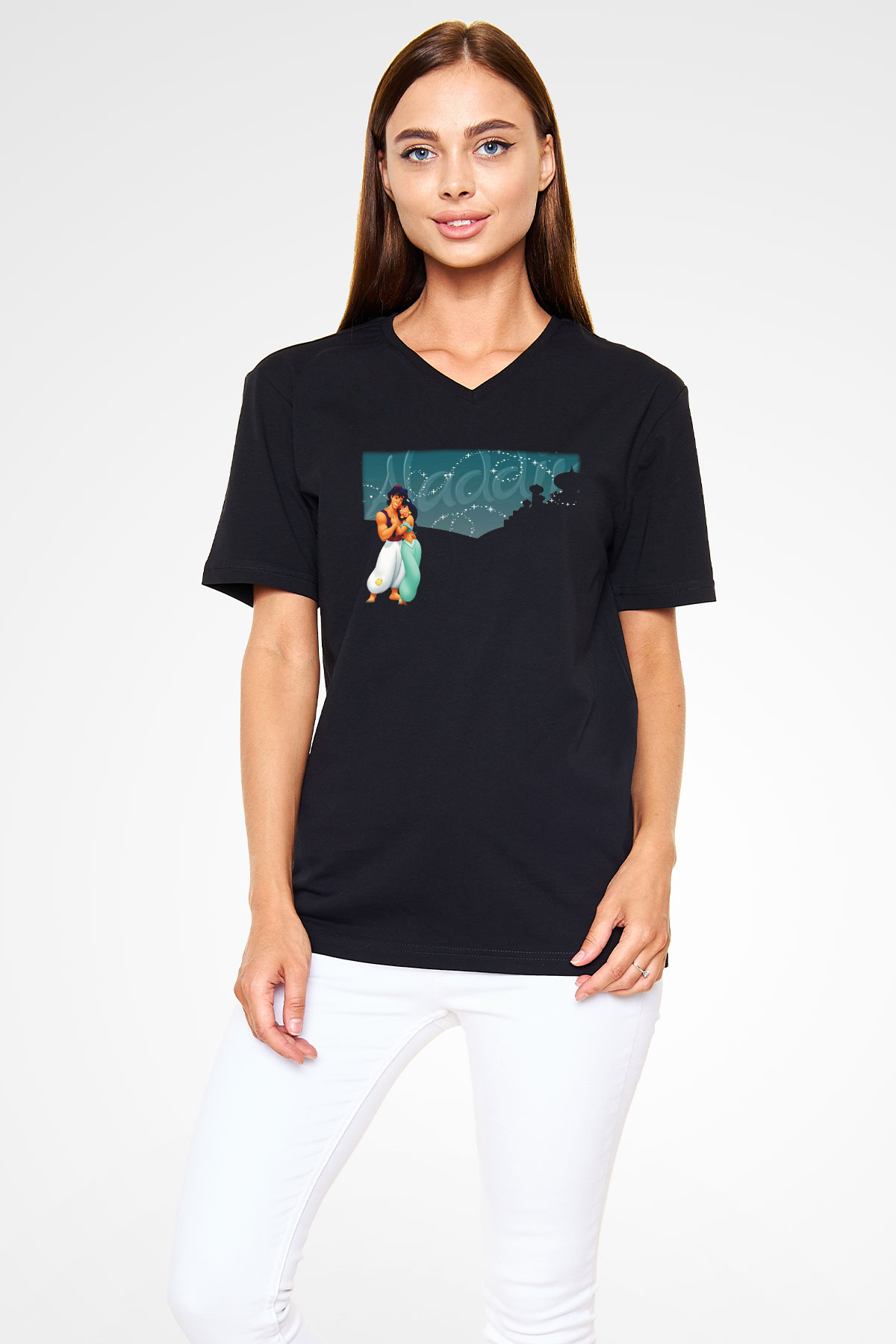 Aladdin Siyah Unisex V Yaka Tişört T-Shirt
