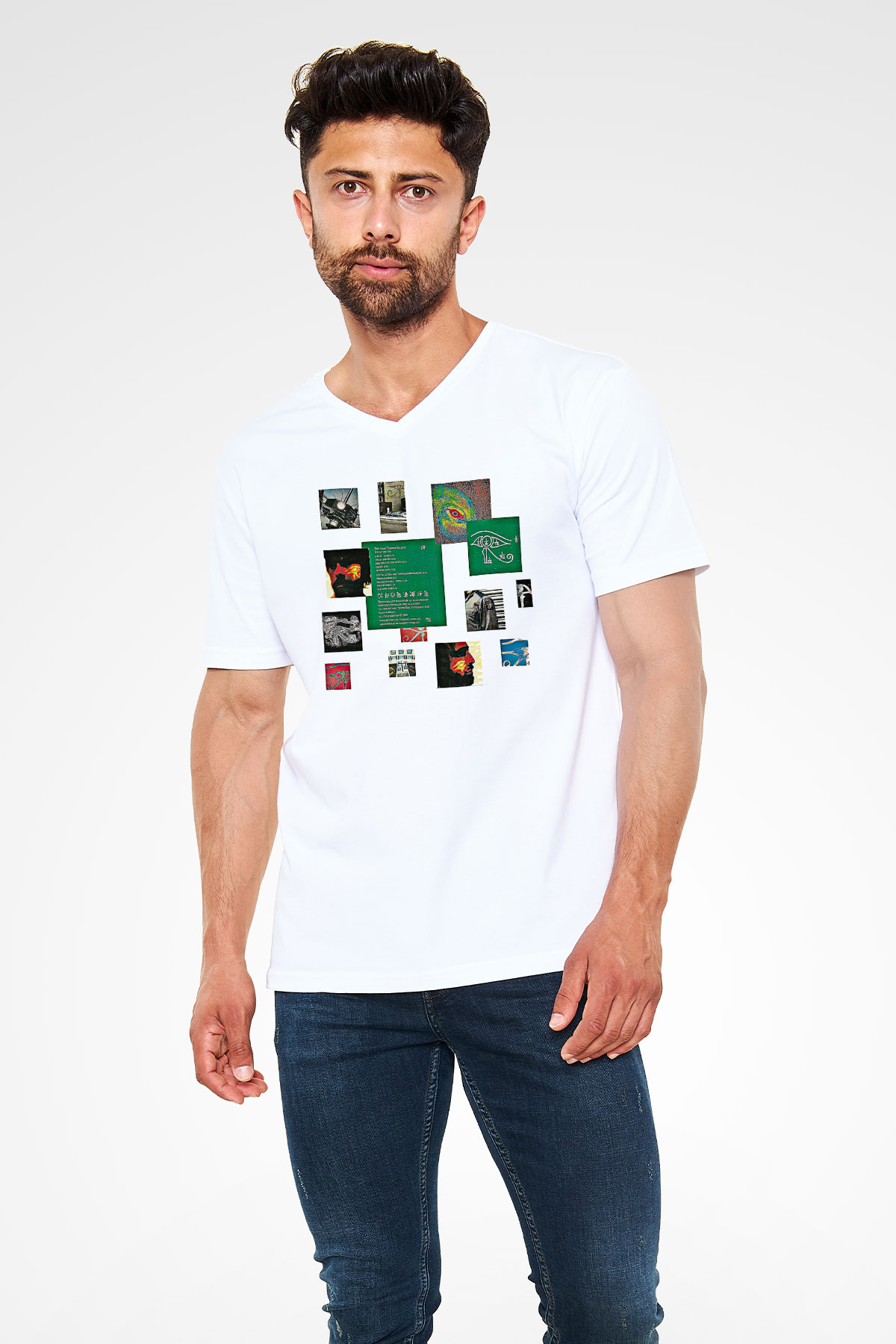 Alan Persons Project Baskılı Beyaz Unisex V Yaka Tişört - Tshirt