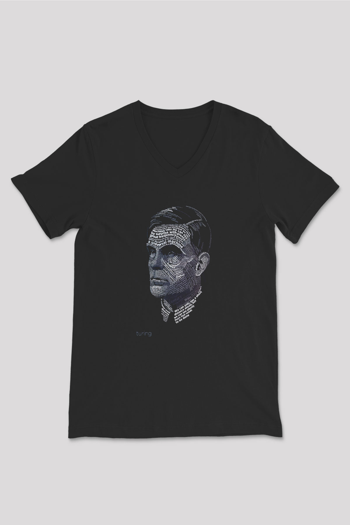 Alan Turing Tipografi Baskılı Unisex V Yaka Siyah Tİşört - Tshirt