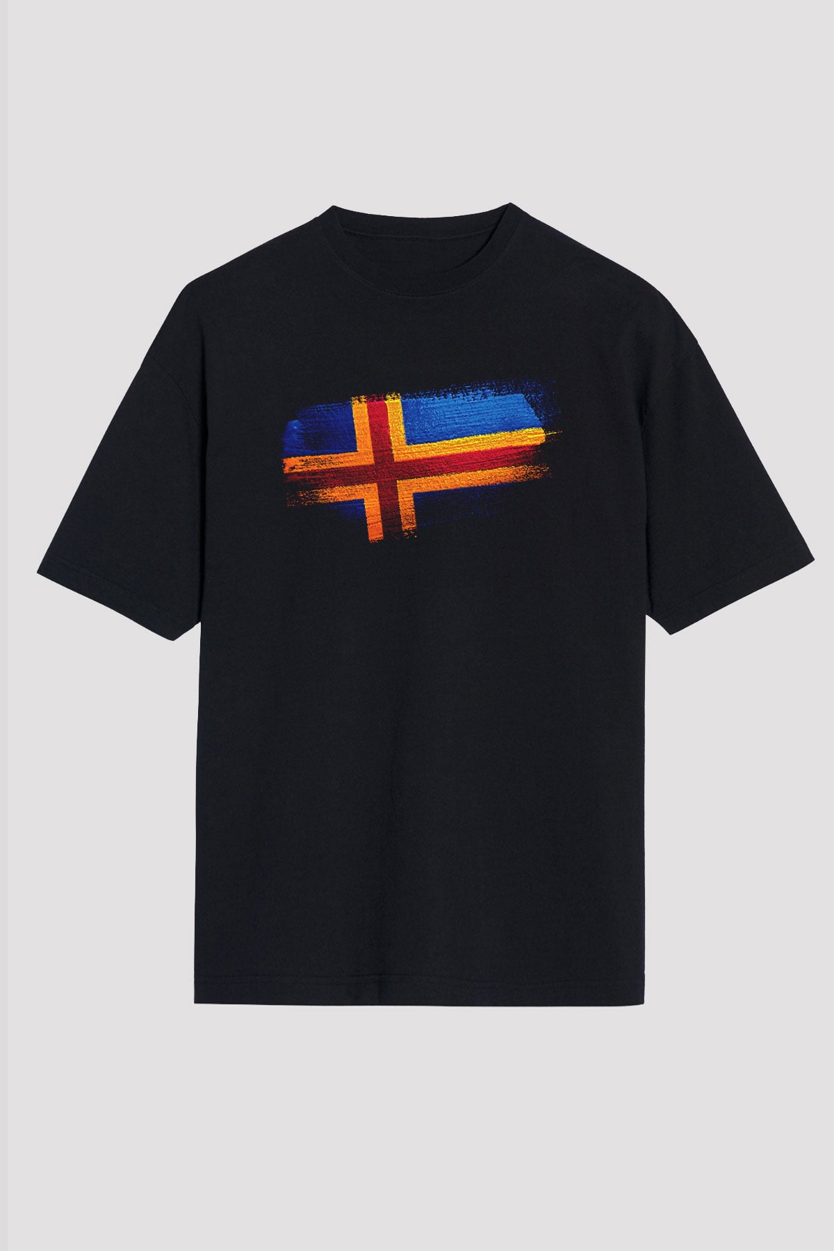 Aland Adaları - Aland İslands Bayrağı Baskılı Unisex Siyah Oversize Tişört
