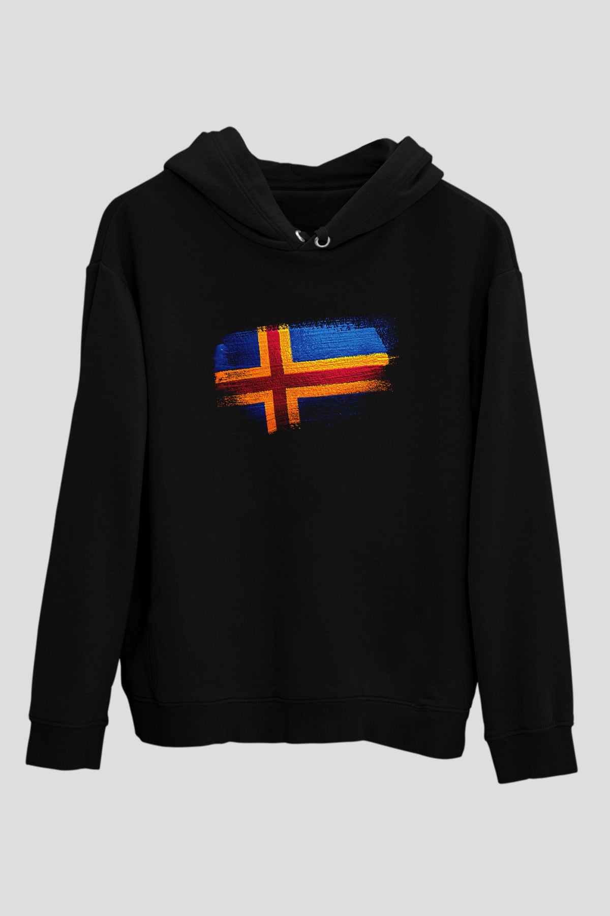 Aland Adaları - Aland İslands Bayrağı Baskılı Unisex Siyah Hoodie