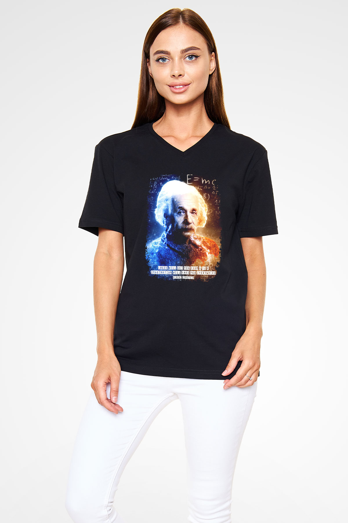 Albert Alıntı Baskılı Unisex V Yaka Siyah Tİşört - Tshirt