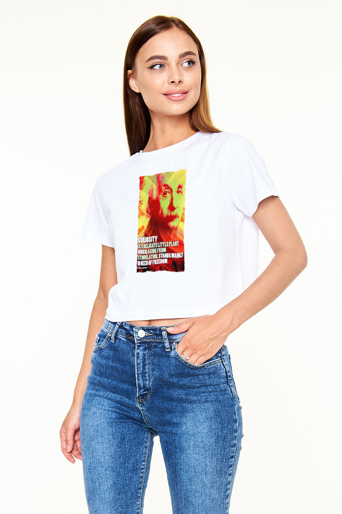 Albert Einstein Alıntı Baskılı Kadın Crop Top Beyaz Tişört