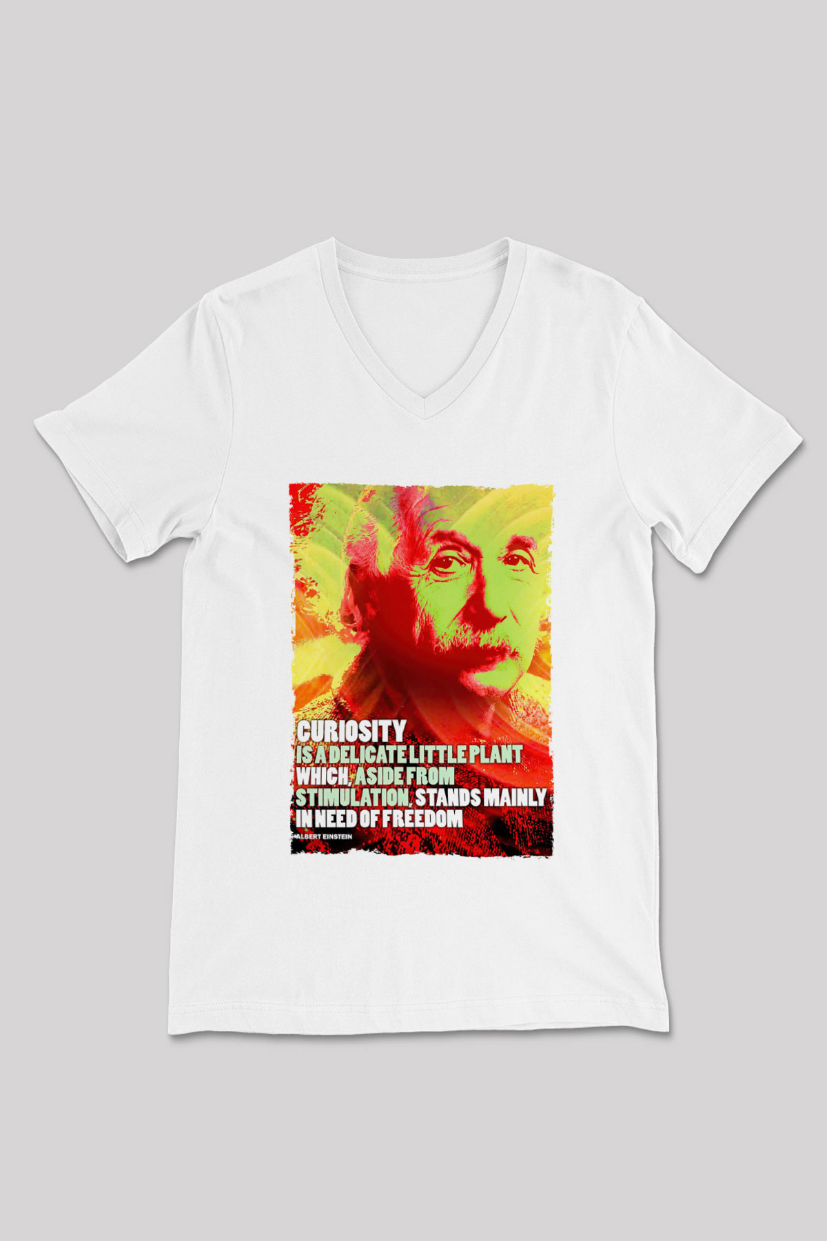 Albert Einstein Alıntı Baskılı Unisex V Yaka Beyaz Tişört - Tshirt