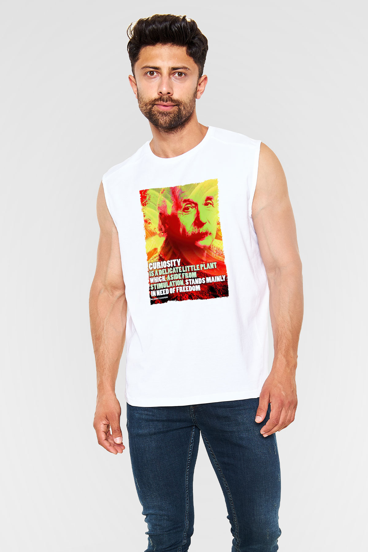 Albert Einstein Alıntı Baskılı Unisex Kolsuz Beyaz Tişört - Tshirt