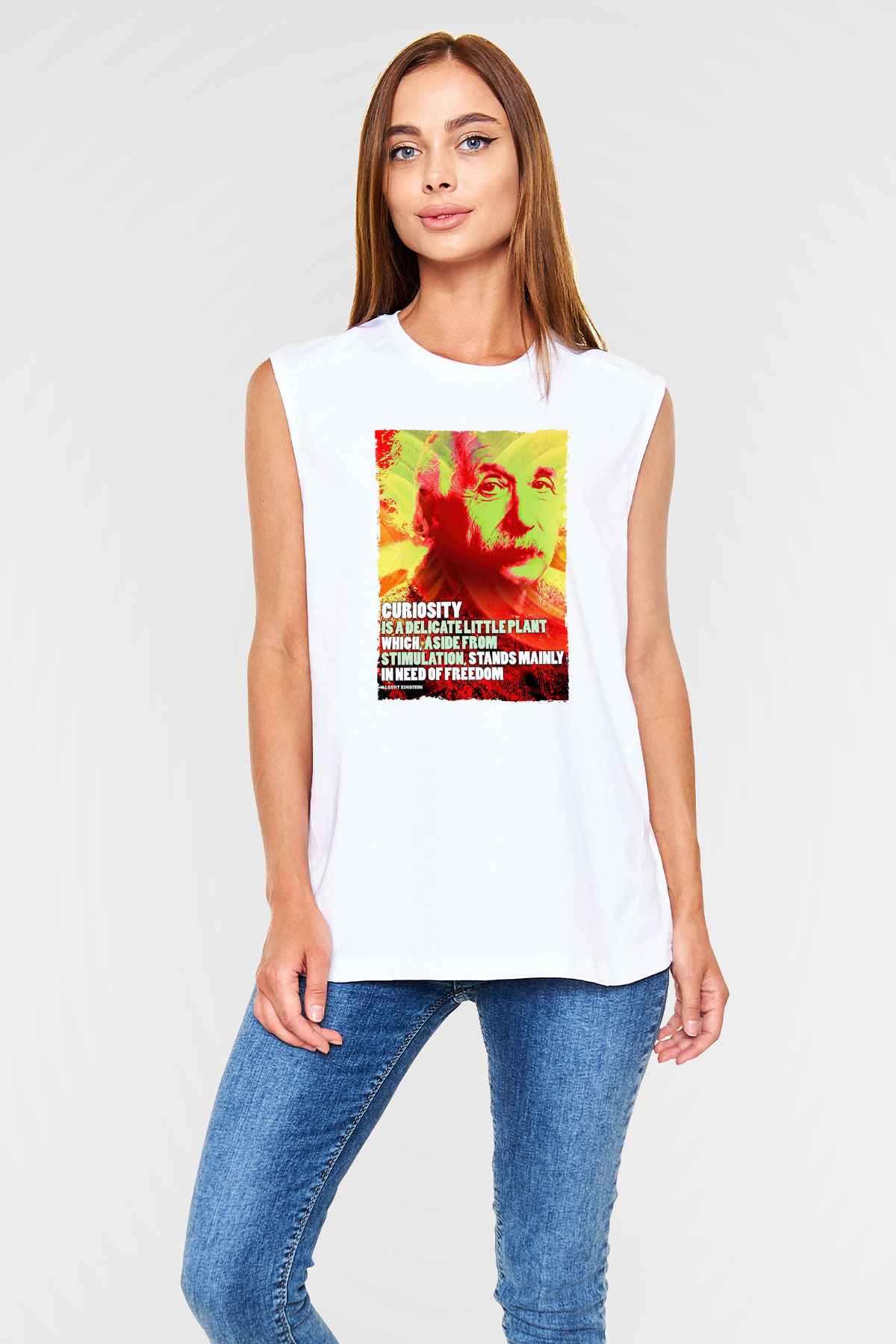 Albert Einstein Alıntı Baskılı Unisex Kolsuz Beyaz Tişört - Tshirt