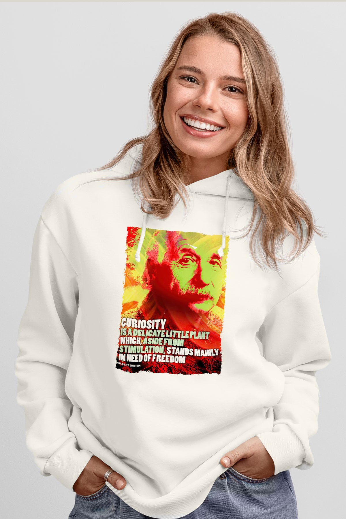 Albert Einstein Alıntı Baskılı Unisex Ekru Hoodie
