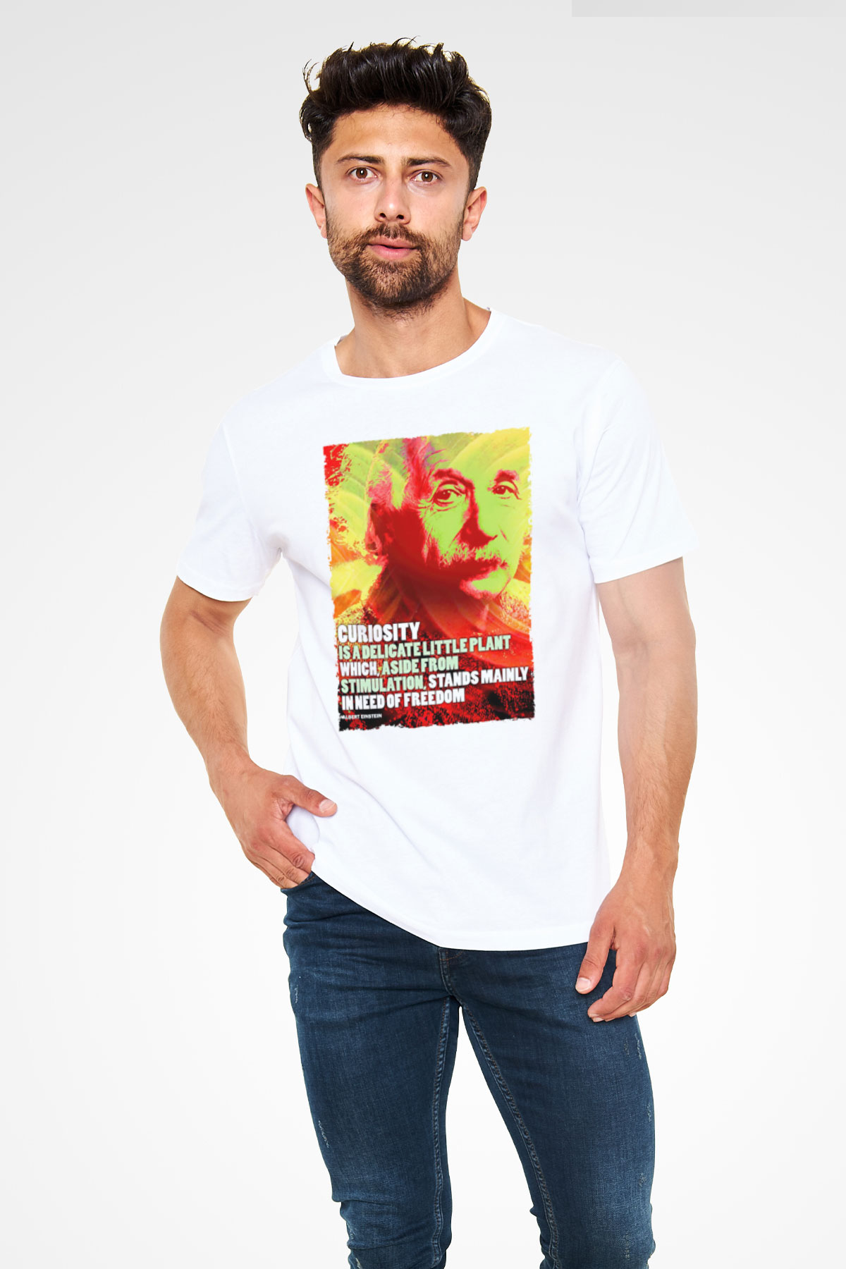 Albert Einstein Alıntı Baskılı Unisex Beyaz Tişört - Tshirt