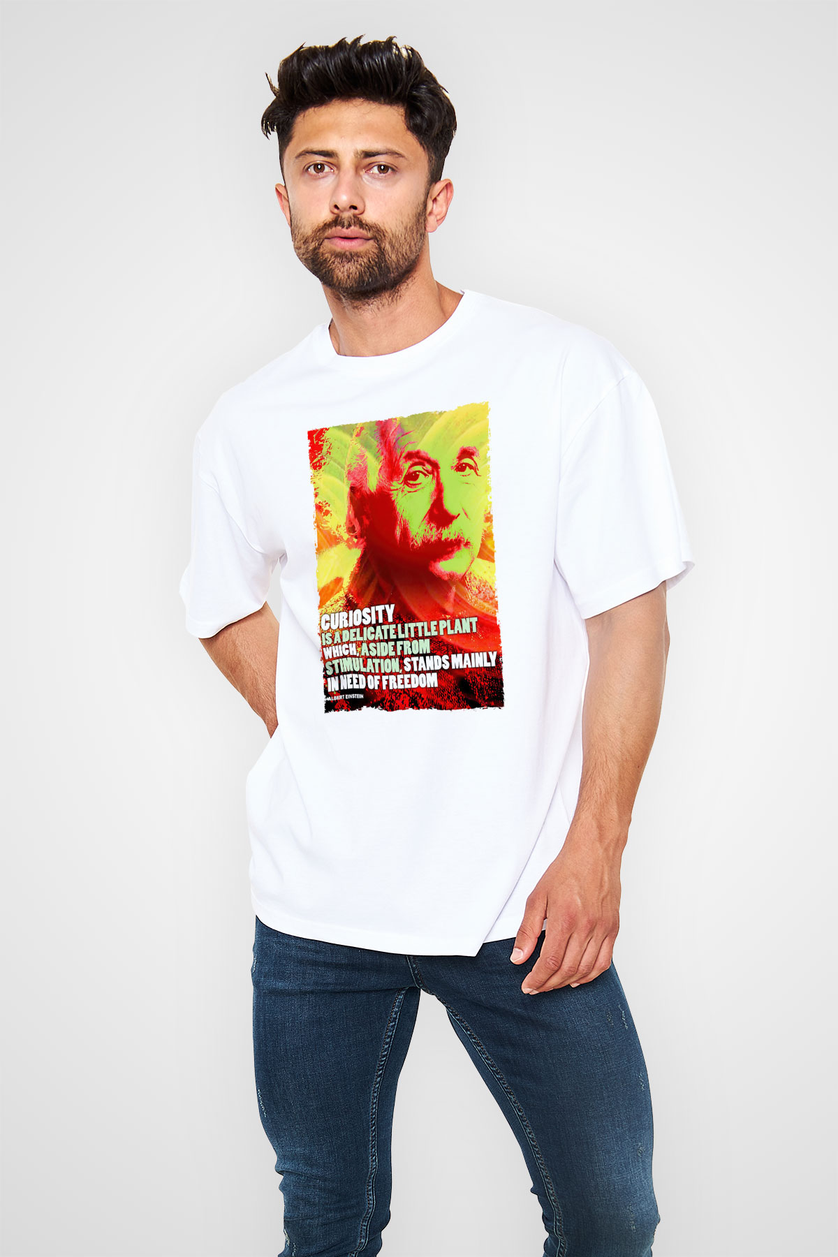 Albert Einstein Alıntı Baskılı Unisex Oversize Beyaz Tişört - Tshirt