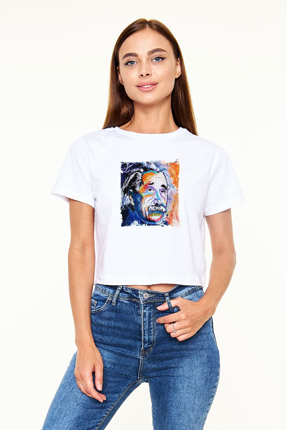 Albert Einstein Baskılı Beyaz Kadın Crop Top Tişört