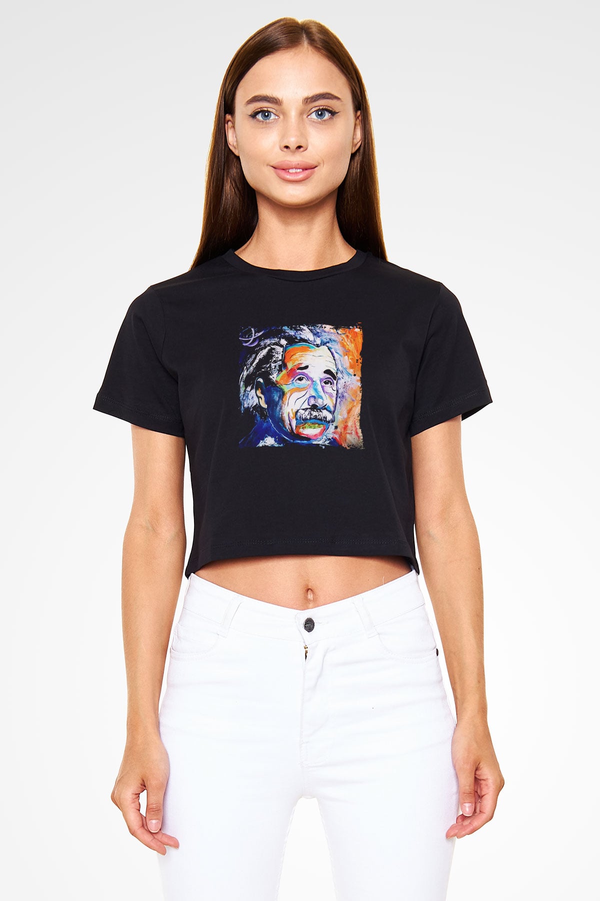 Albert Einstein Baskılı Siyah Kadın Crop Top Tişört