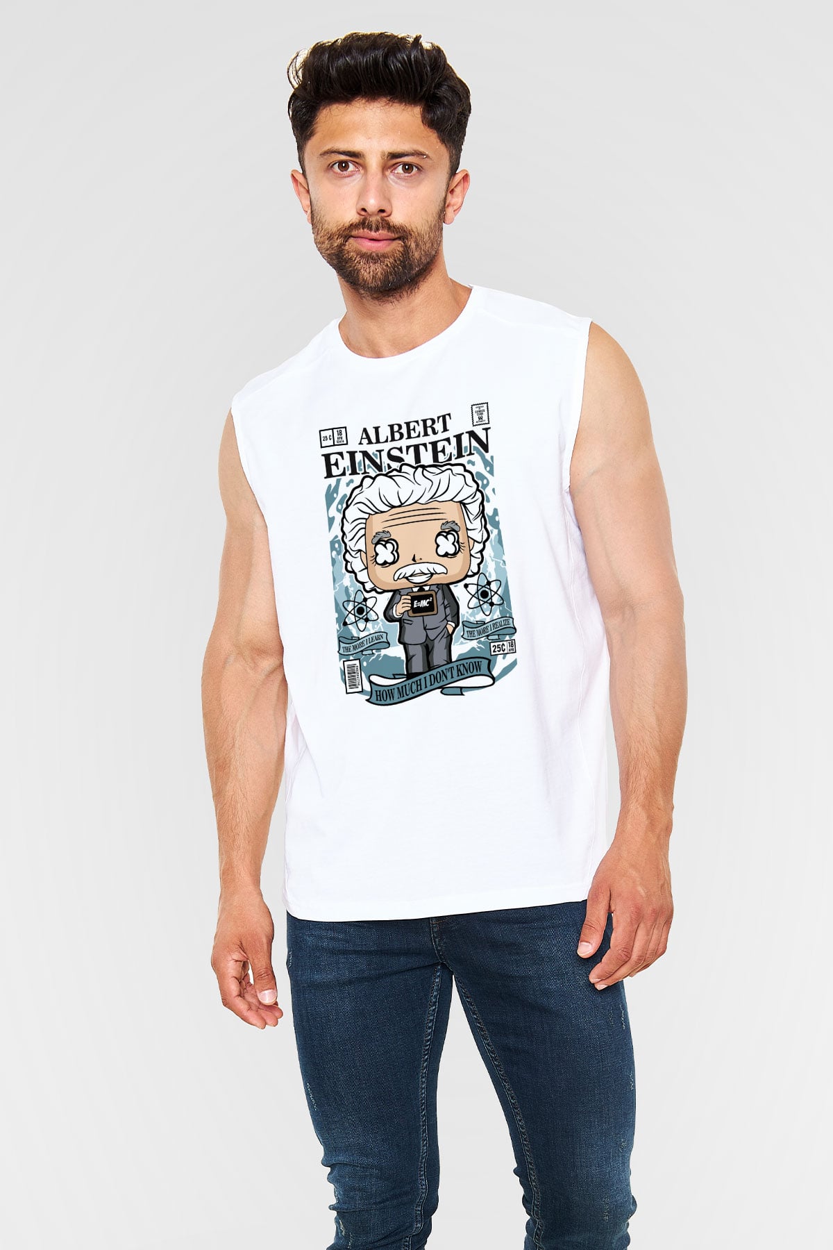 Albert Einstein Baskılı Unisex Beyaz Kolsuz Tişört