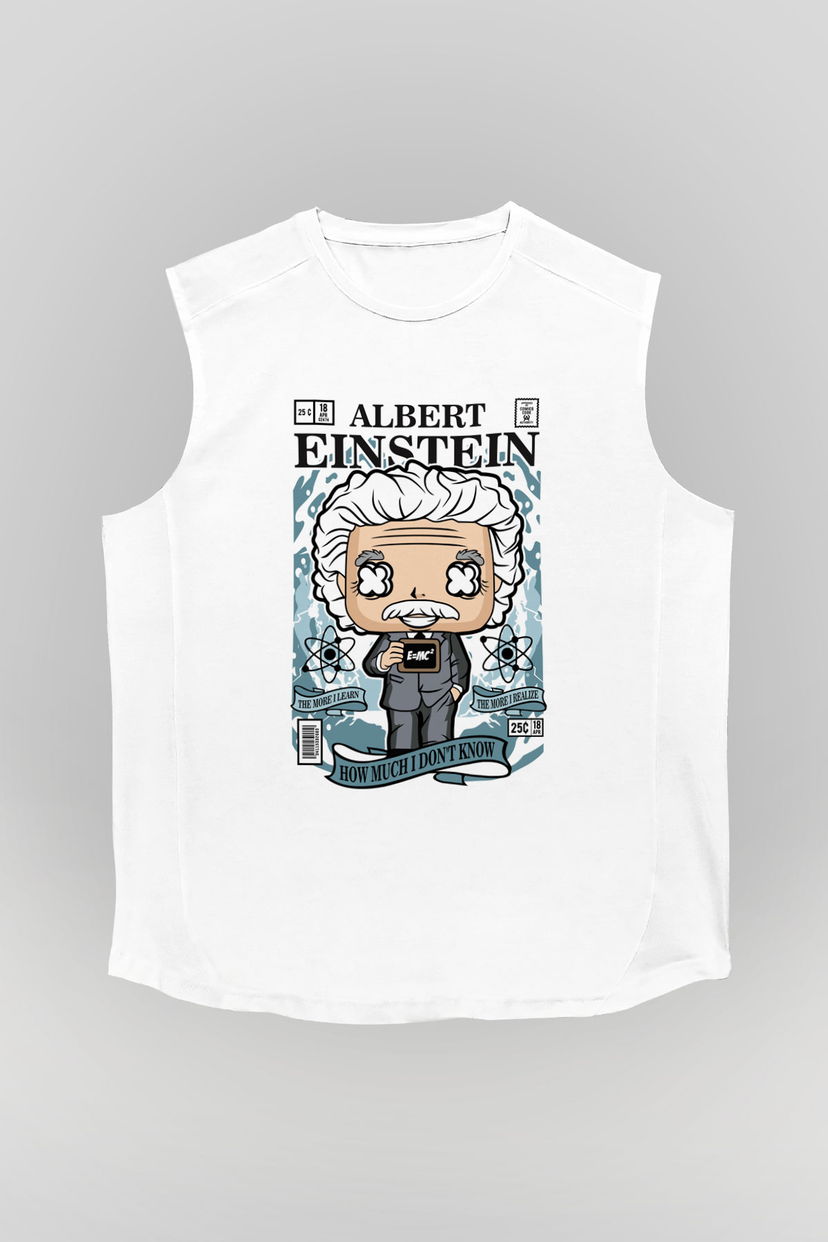 Albert Einstein Baskılı Unisex Beyaz Kolsuz Tişört