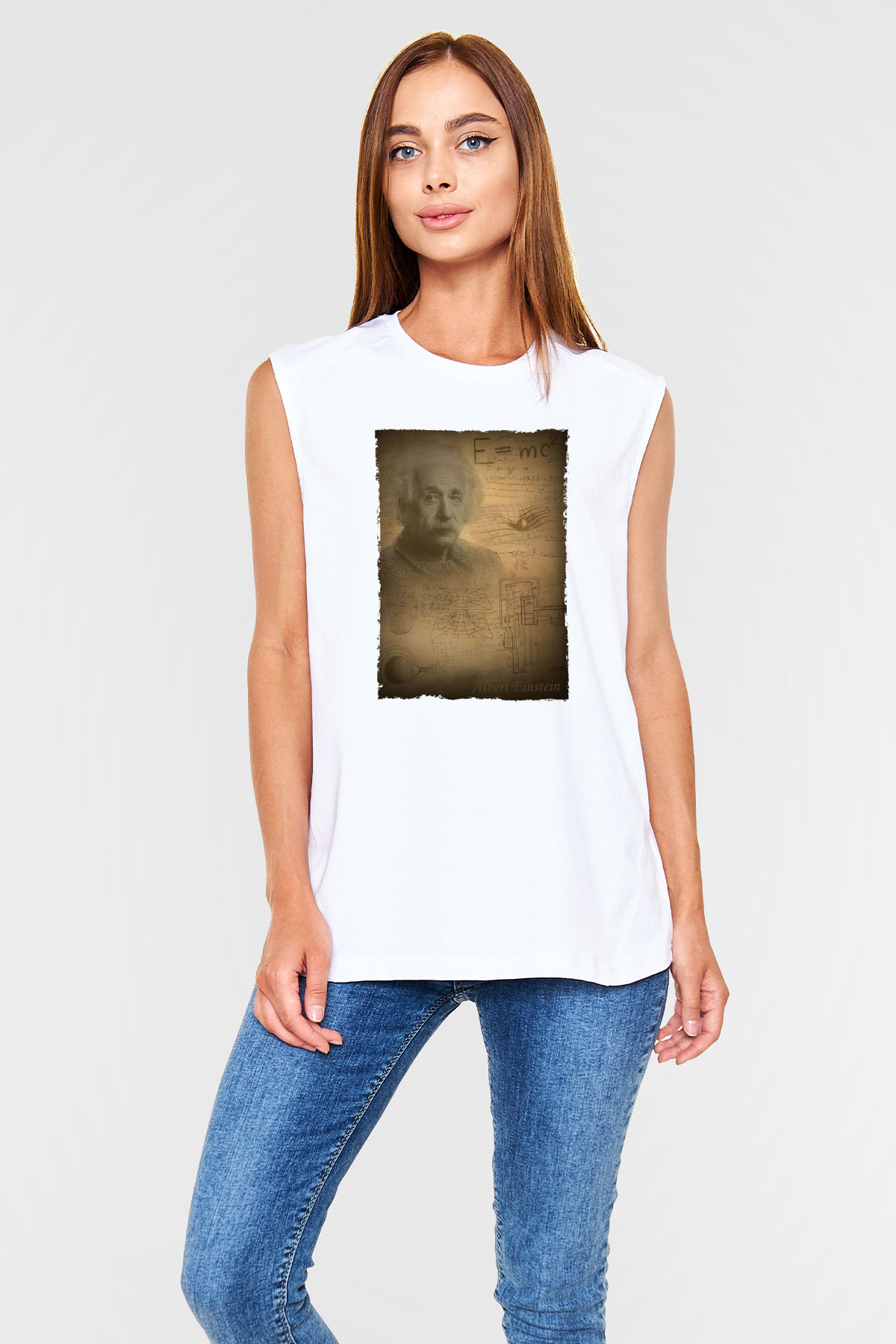 Albert Einstein Baskılı Unisex Kolsuz Beyaz Tişört - Tshirt