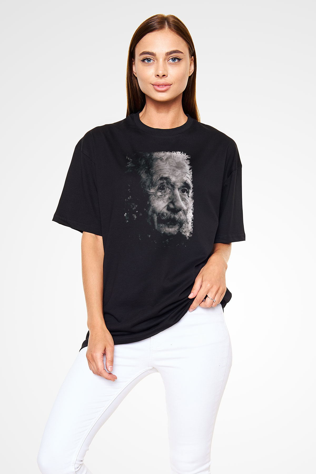 Albert Einstein Baskılı Unisex Oversize Tişört - Tshirt