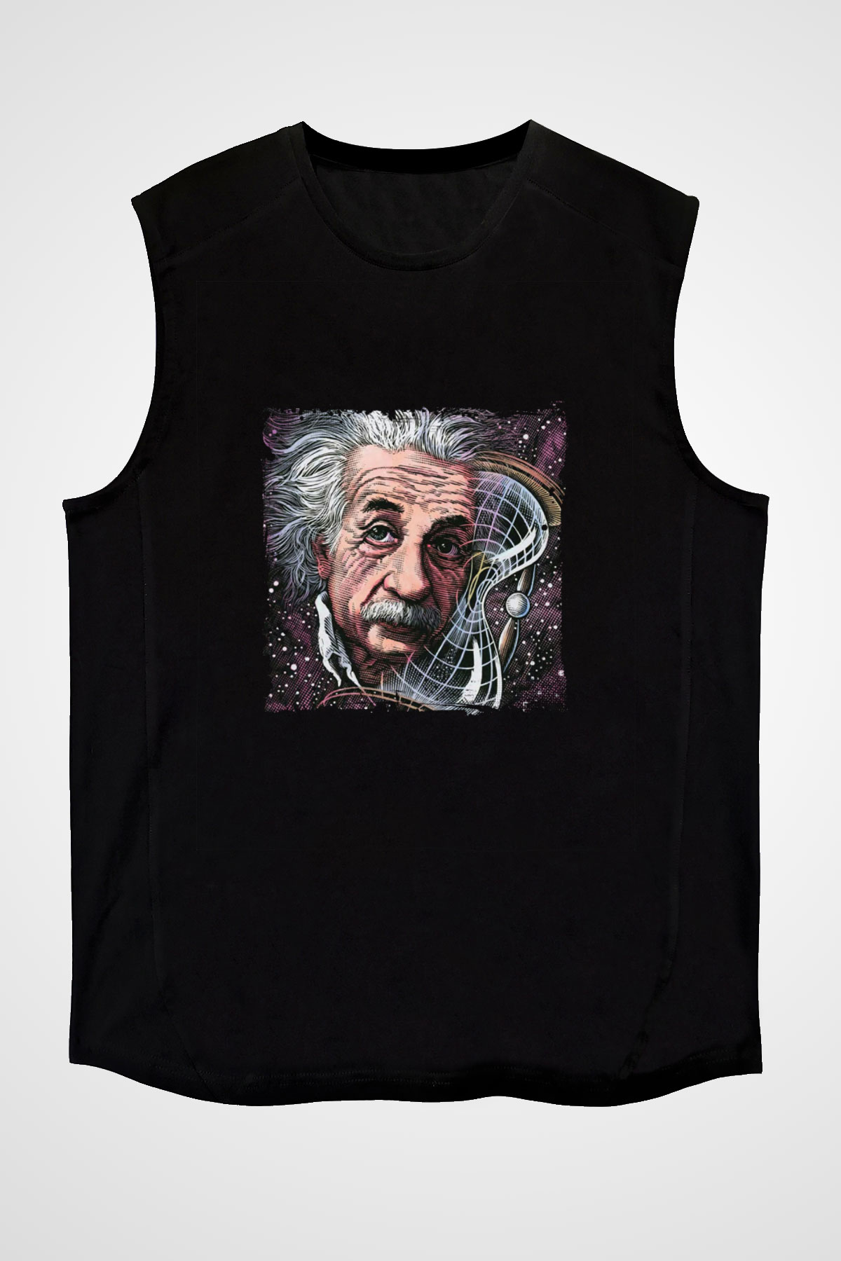 Albert Einstein Baskılı Unisex Siyah Kolsuz Tişört