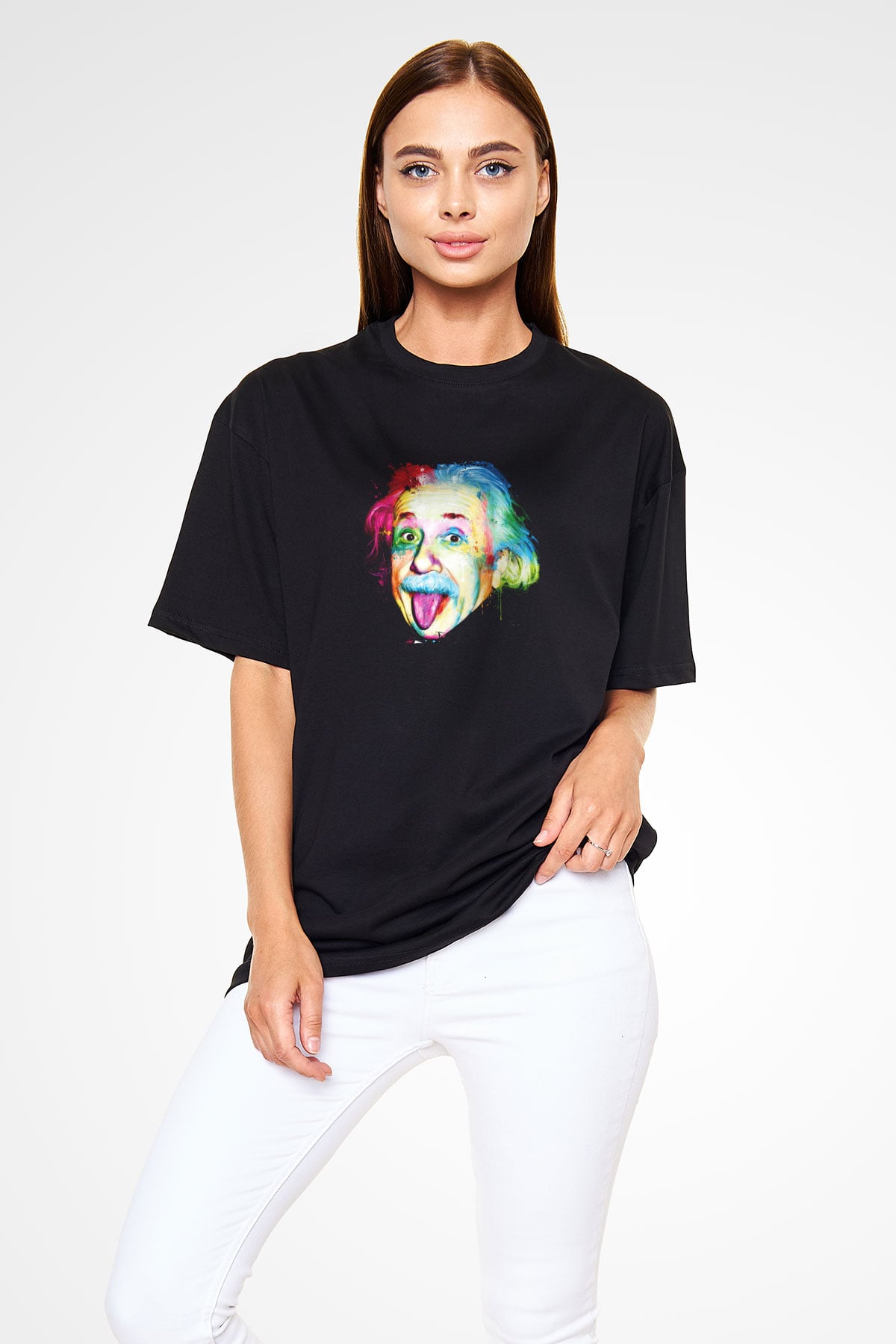 Albert Einstein Baskılı Unisex Siyah Oversize Tişört