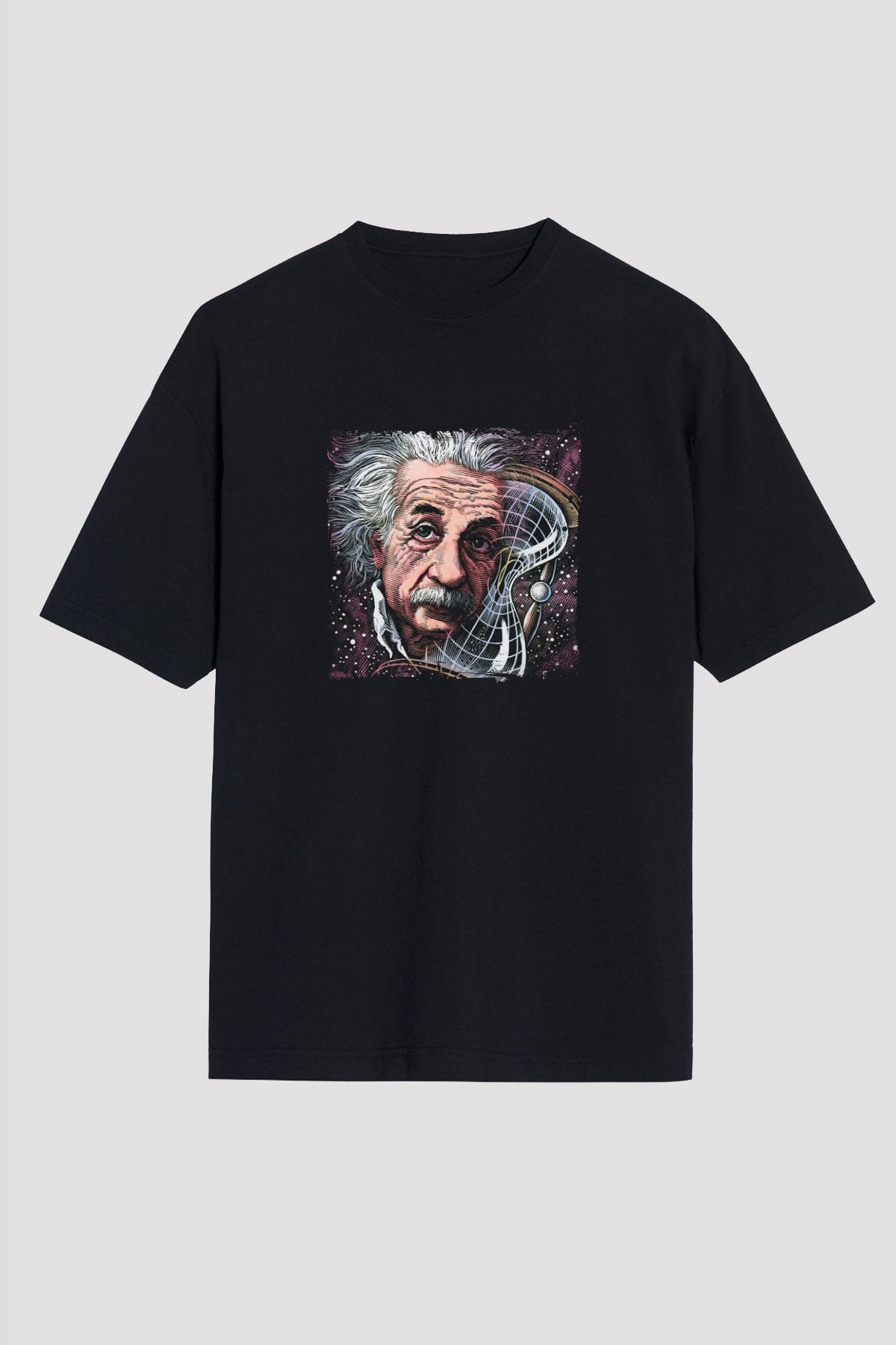 Albert Einstein Baskılı Unisex Siyah Oversize Tişört